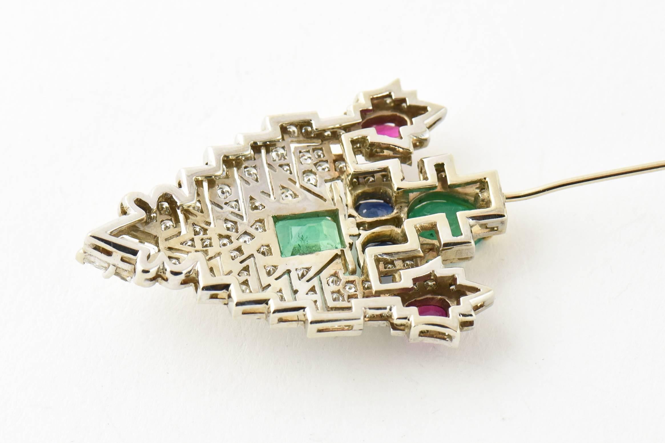 Women's or Men's Emerald Ruby Sapphire Diamond Gold Jabot Pin Brooch