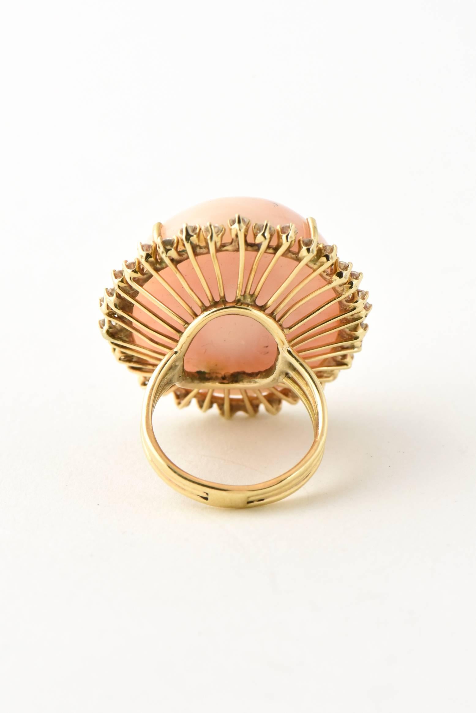 Large Angel Skin Coral Diamond Gold Cocktail Ring In Excellent Condition In Miami Beach, FL
