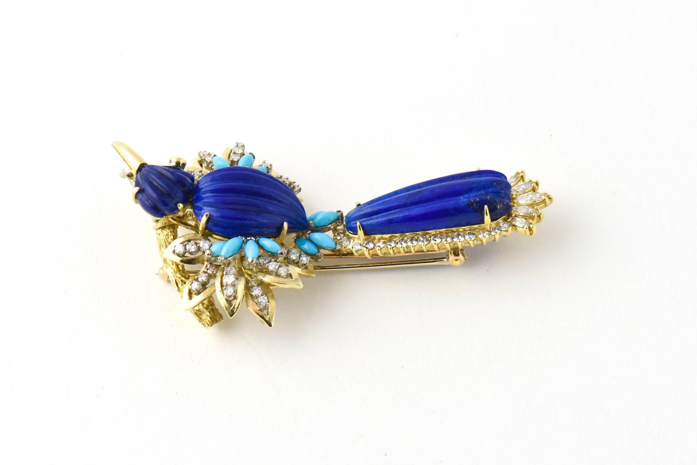 Large Lapis Turquoise Diamond and Gold Bird Brooch In Excellent Condition In Miami Beach, FL