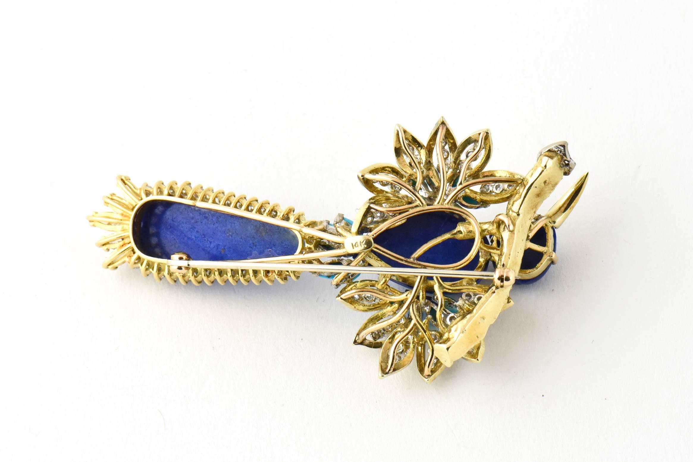 Women's or Men's Large Lapis Turquoise Diamond and Gold Bird Brooch