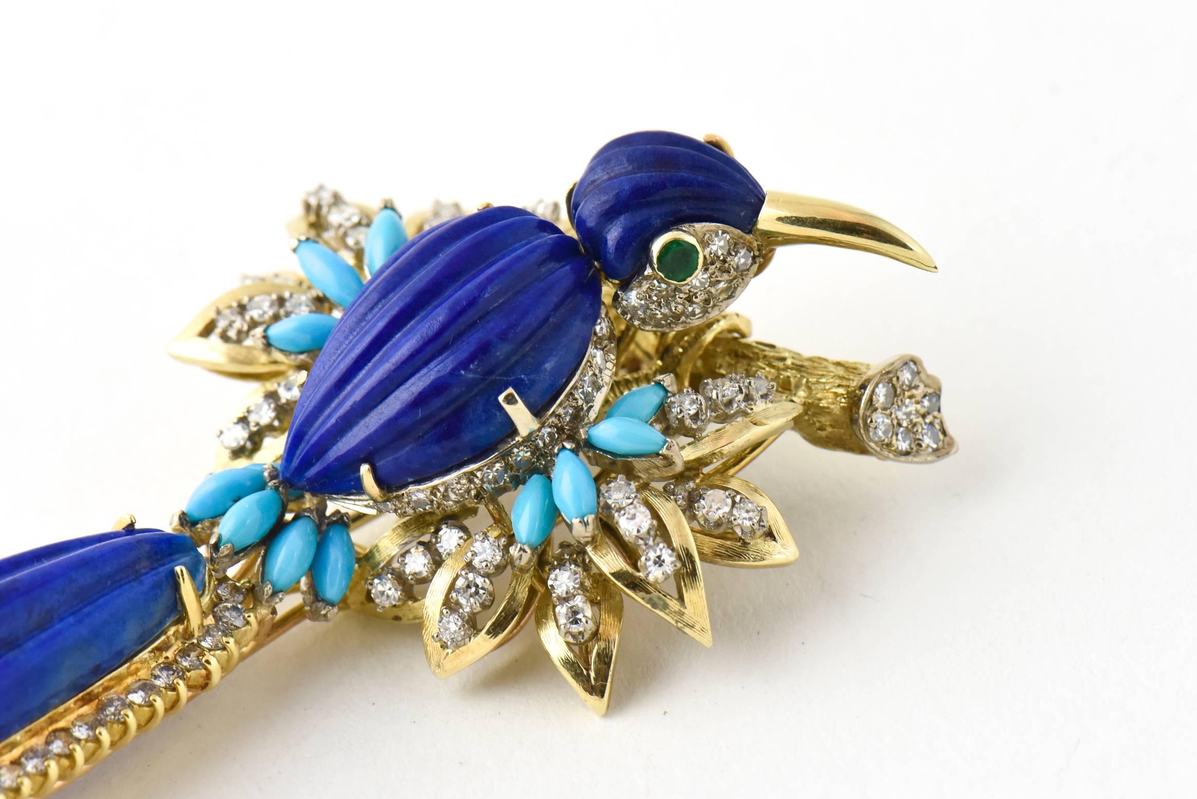 Large Lapis Turquoise Diamond and Gold Bird Brooch 1