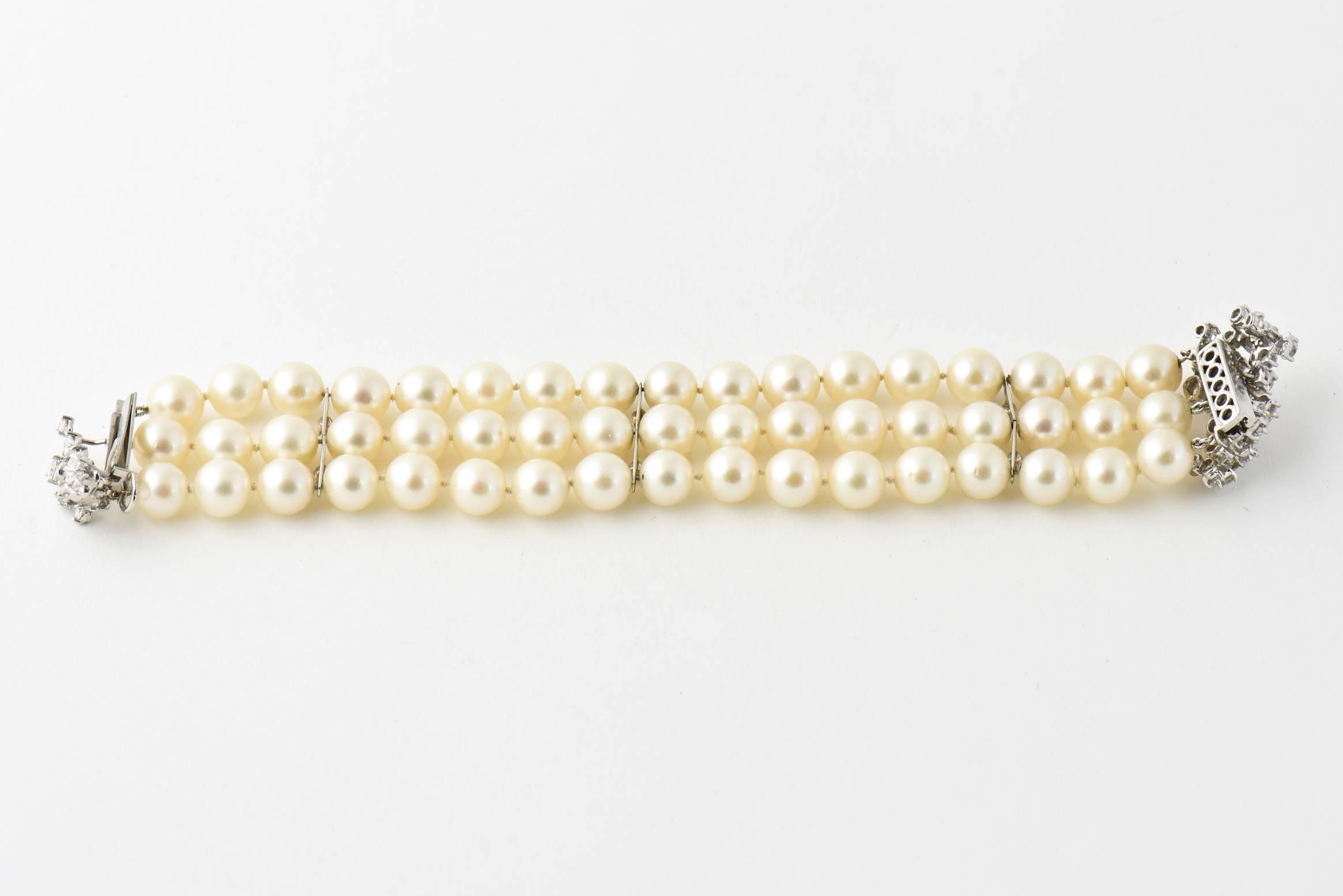 Mid-20th Century Triple Strand Cultured Pearl and Diamond White Gold Bracelet In Excellent Condition For Sale In Miami Beach, FL