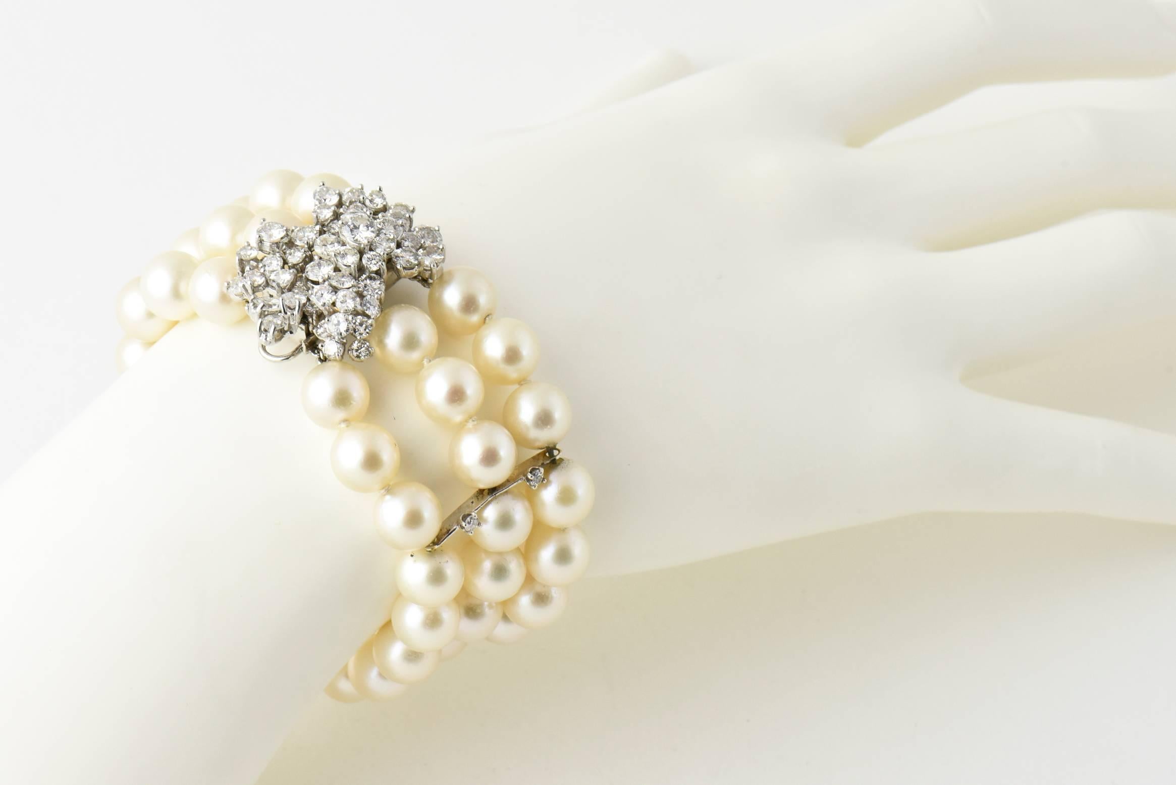 Mid-20th Century Triple Strand Cultured Pearl and Diamond White Gold Bracelet For Sale 1