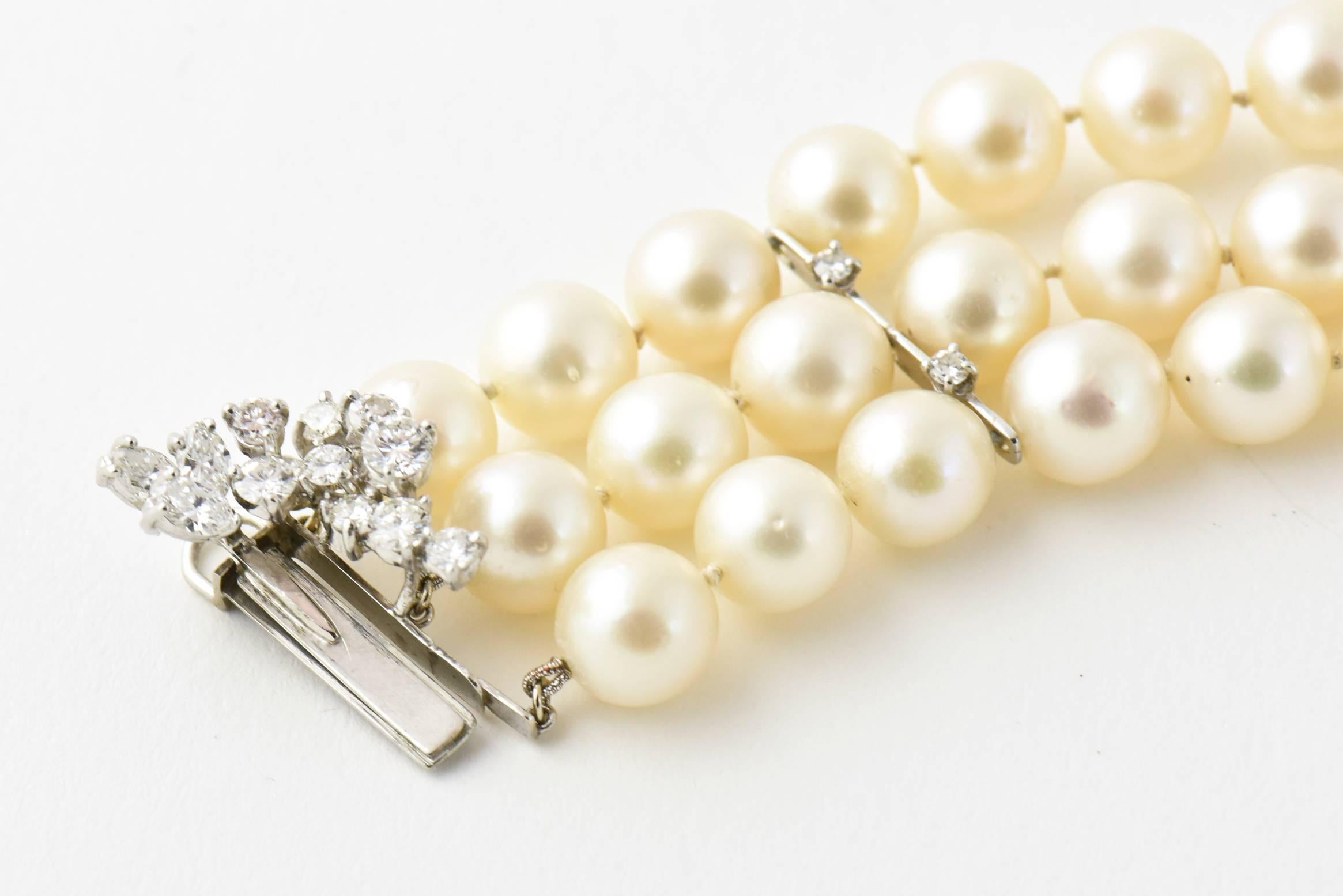 Women's Mid-20th Century Triple Strand Cultured Pearl and Diamond White Gold Bracelet For Sale