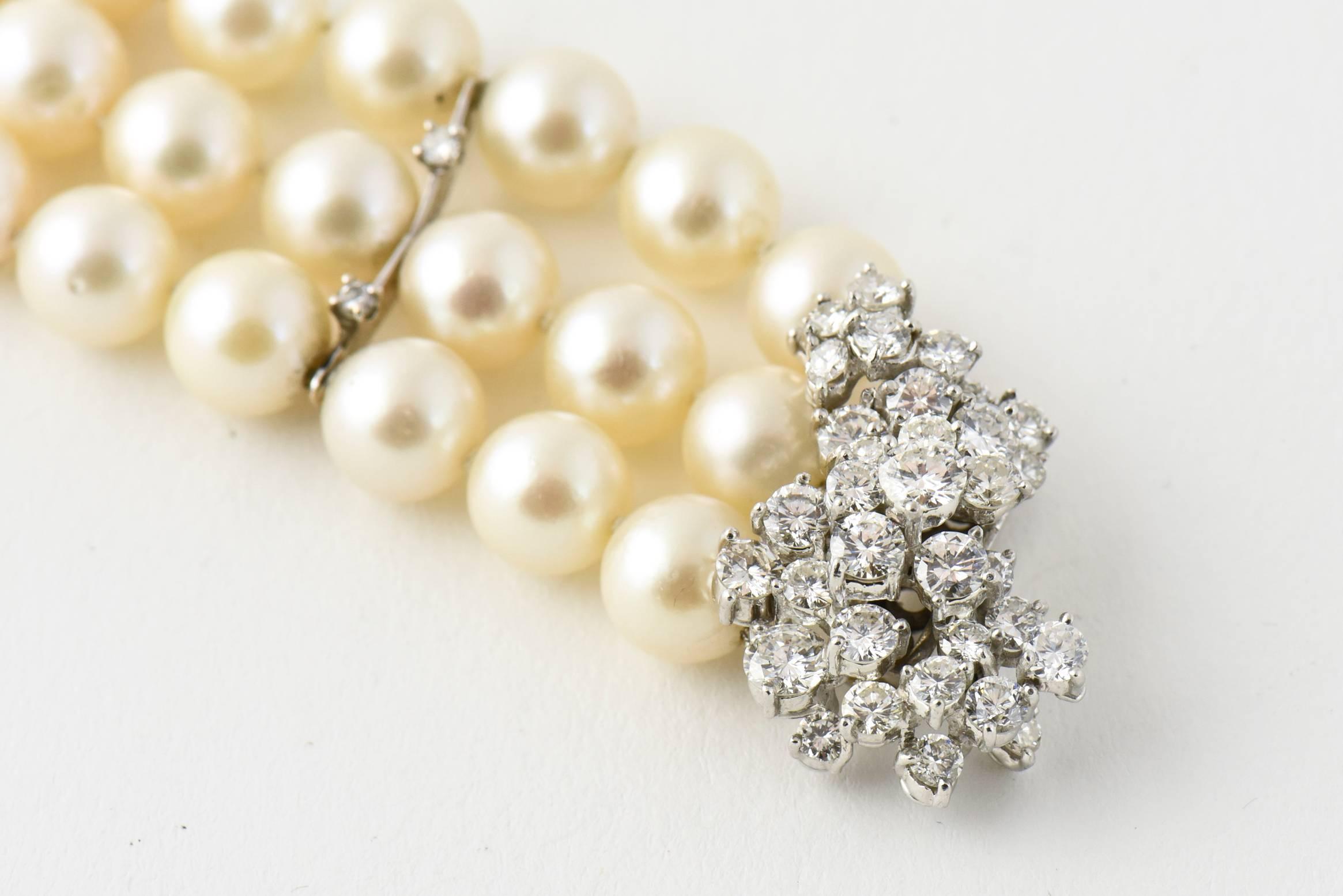 Mid-20th Century Triple Strand Cultured Pearl and Diamond White Gold Bracelet For Sale 4