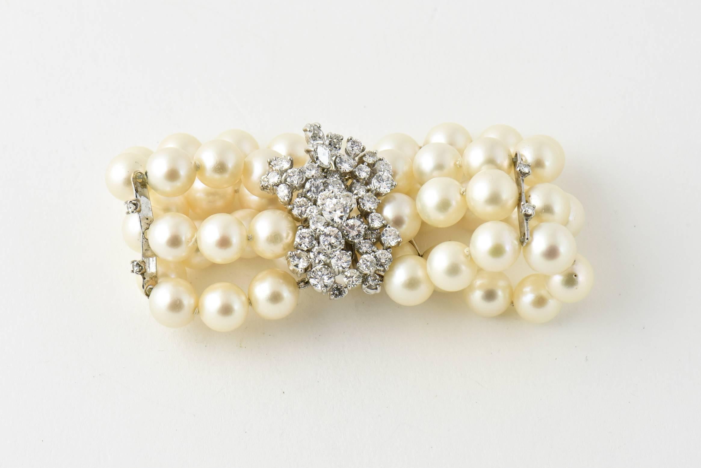 Mid-20th Century Triple Strand Cultured Pearl and Diamond White Gold Bracelet For Sale 3