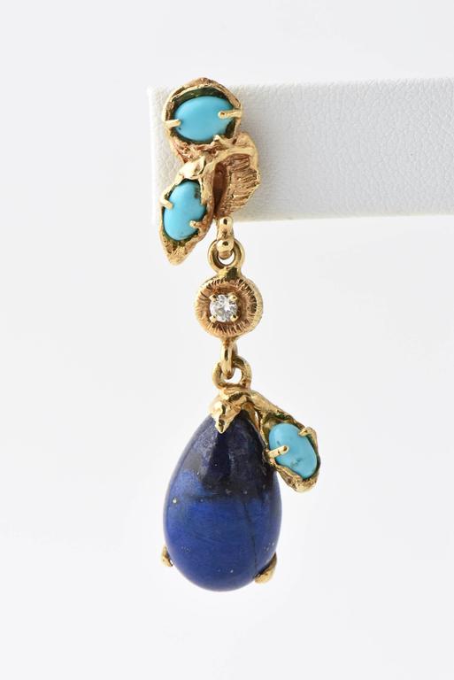 1970s Lapis Lazuli Turquoise Diamond Gold Drop Earrings For Sale at 1stdibs