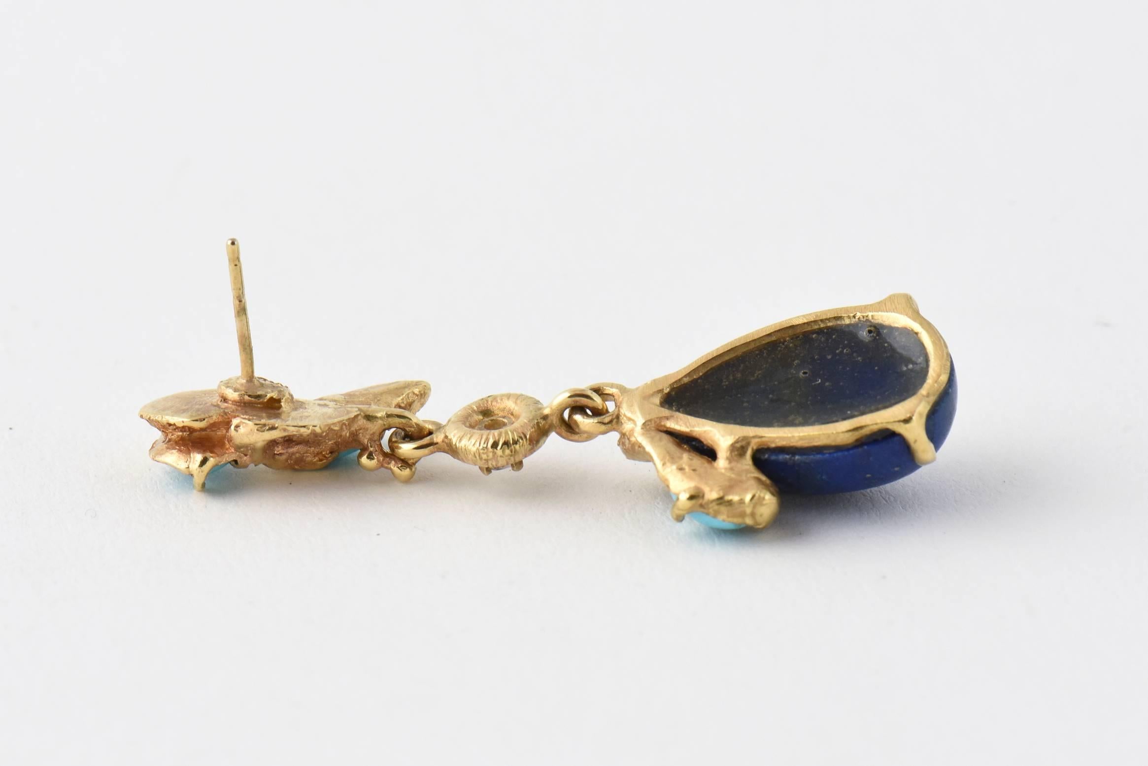 1970s Lapis Lazuli Turquoise Diamond Gold Drop Earrings In Good Condition In Miami Beach, FL