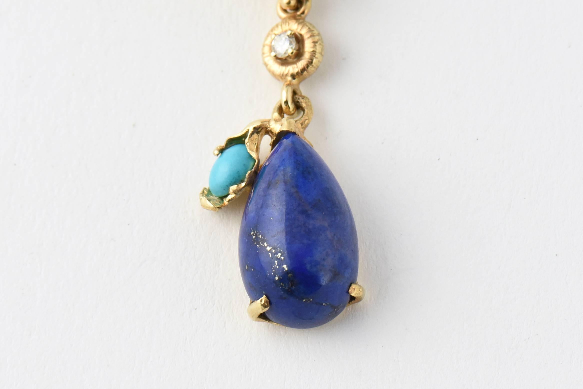 1970s Lapis Lazuli Turquoise Diamond Gold Drop Earrings 2