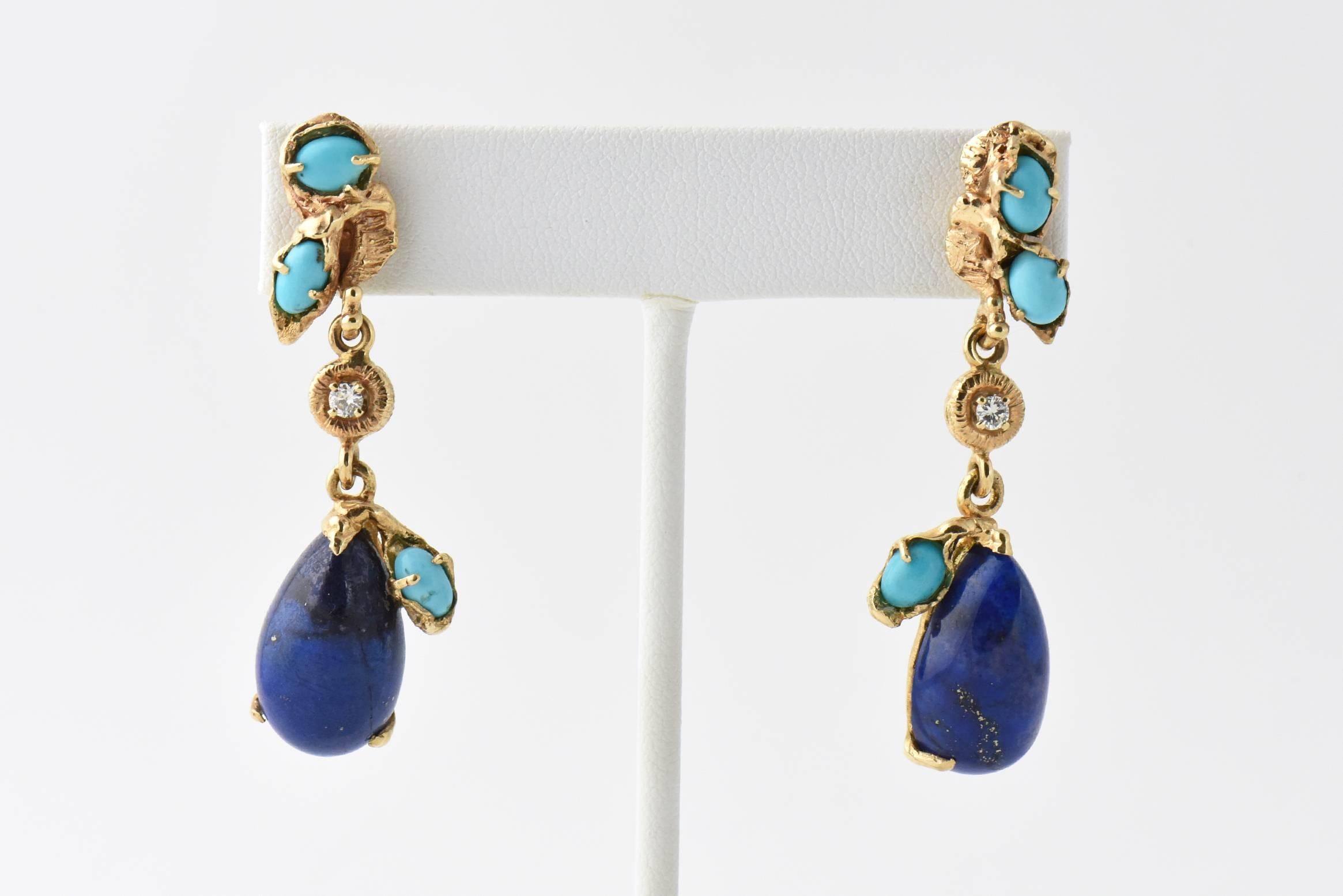 Women's or Men's 1970s Lapis Lazuli Turquoise Diamond Gold Drop Earrings