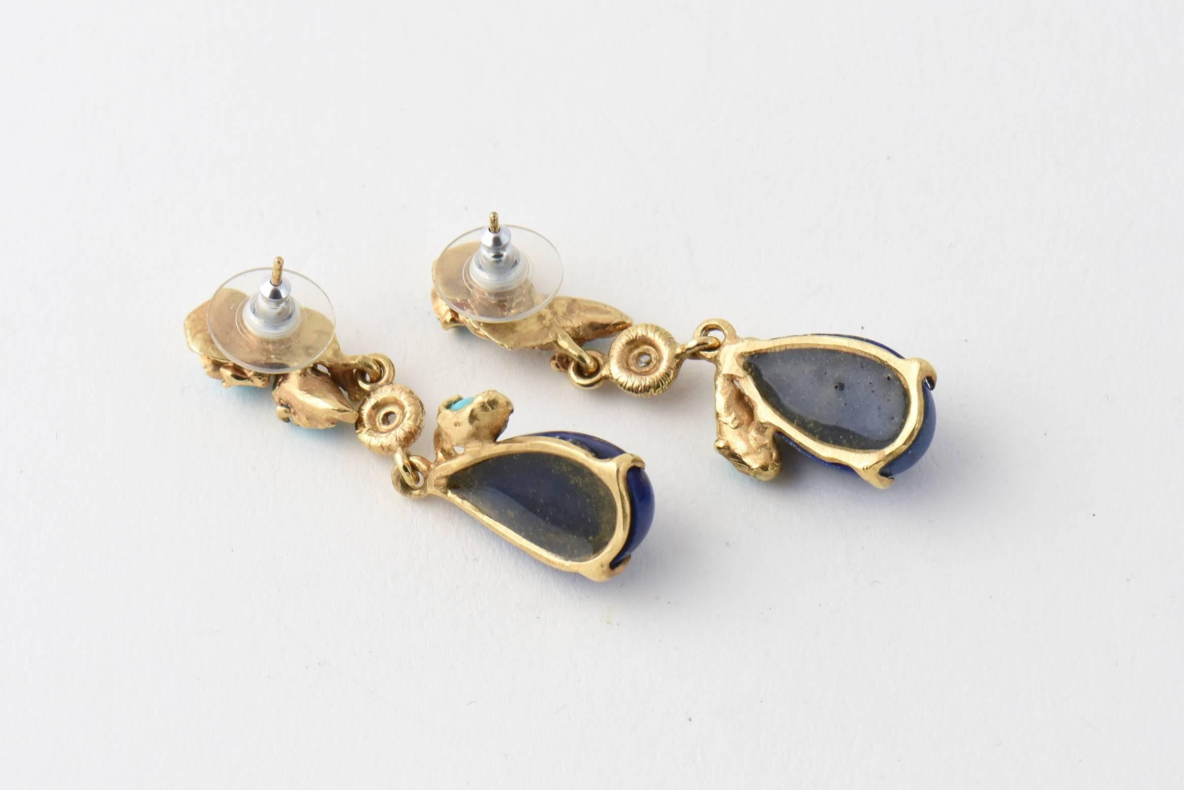 1970s Lapis Lazuli Turquoise Diamond Gold Drop Earrings 1