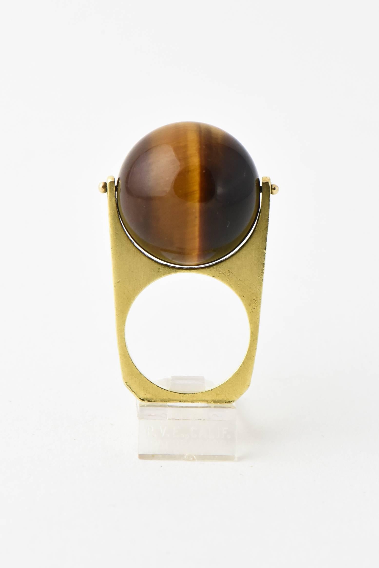 Women's or Men's 1960s R. Stone Spinning Tiger's Eye Ball Gold Ring