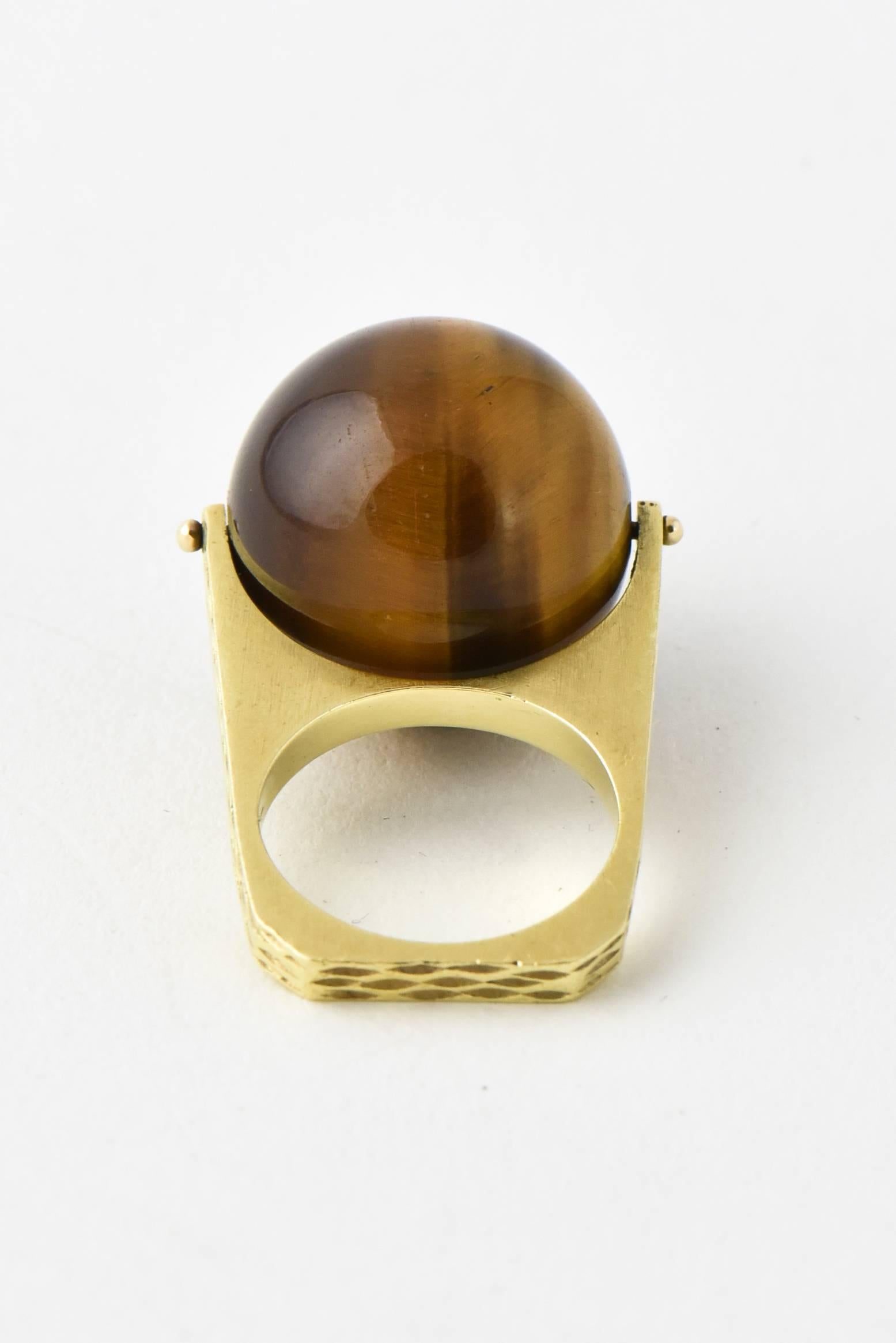 1960s R. Stone Spinning Tiger's Eye Ball Gold Ring 1