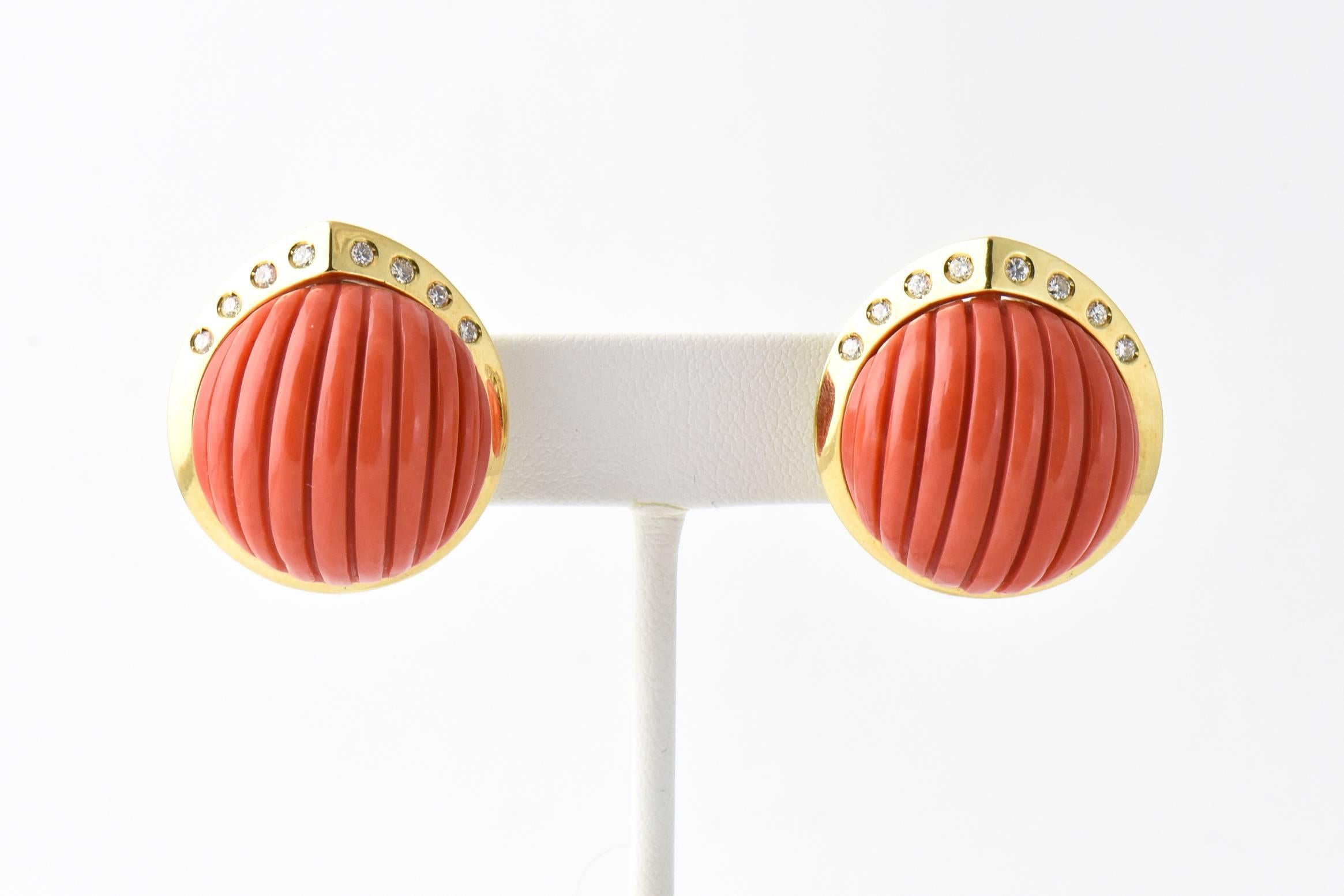 Women's Carved Coral and Diamond Gold Earrings