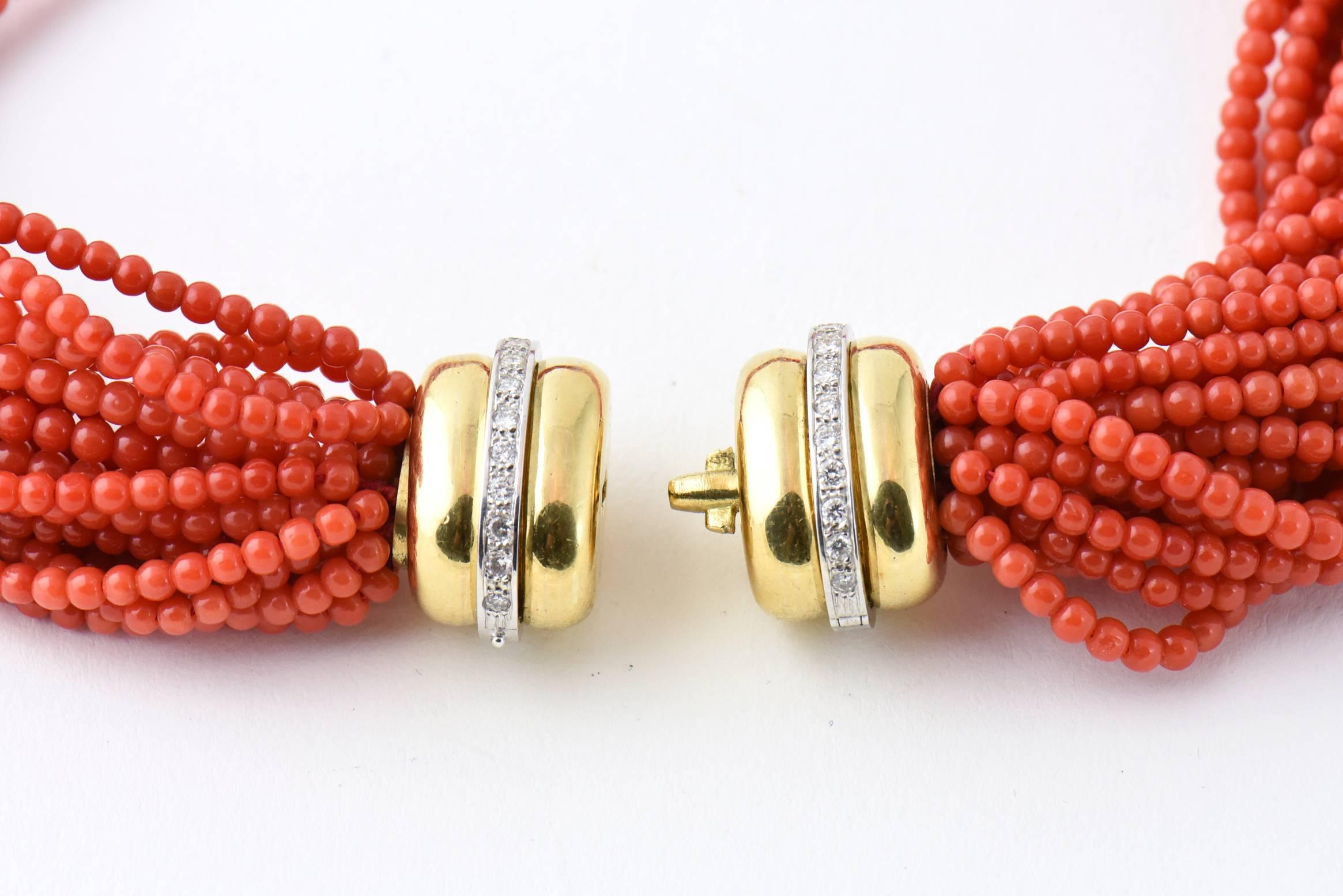 Multistrand Coral Bead Necklace with Diamond Gold Clasp Removable Enhancers In Excellent Condition In Miami Beach, FL
