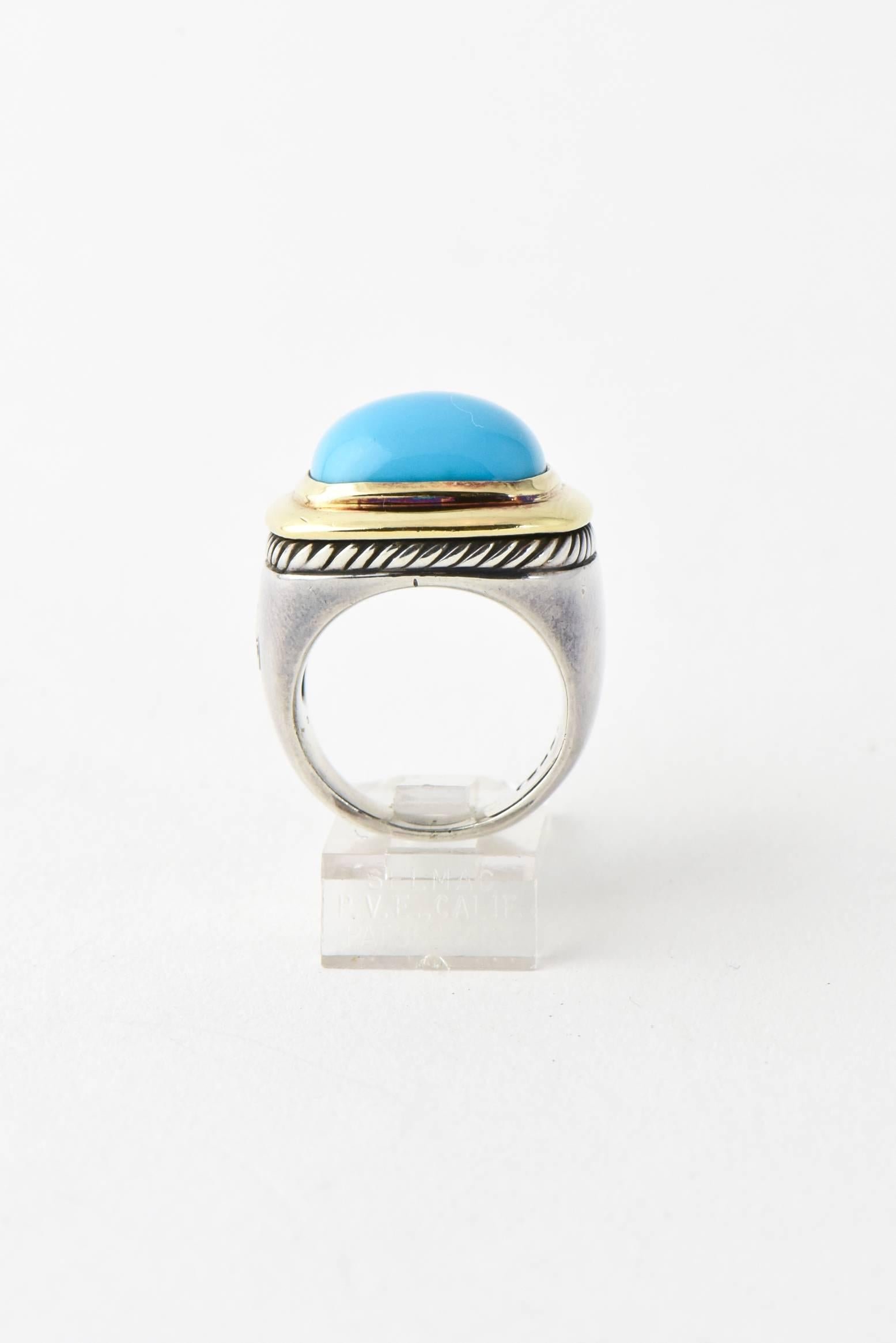 David Yurman Turquoise Silver Gold Albion Ring In Excellent Condition In Miami Beach, FL