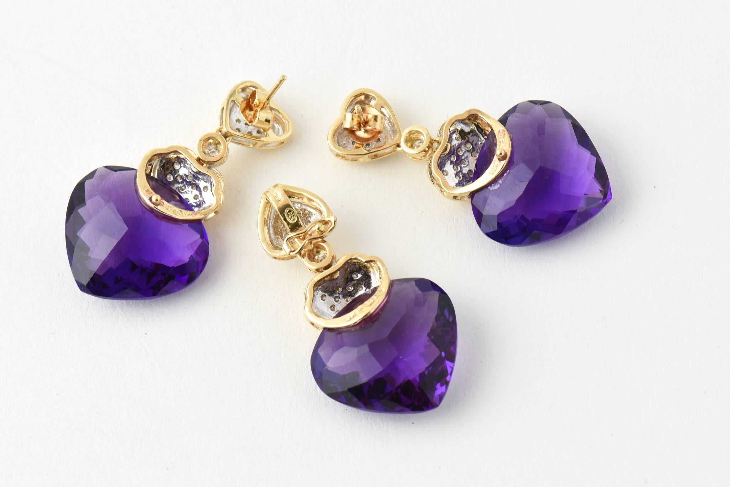 Amethyst Diamond Gold Drop Earrings and Matching Pendant Suite For Sale 2