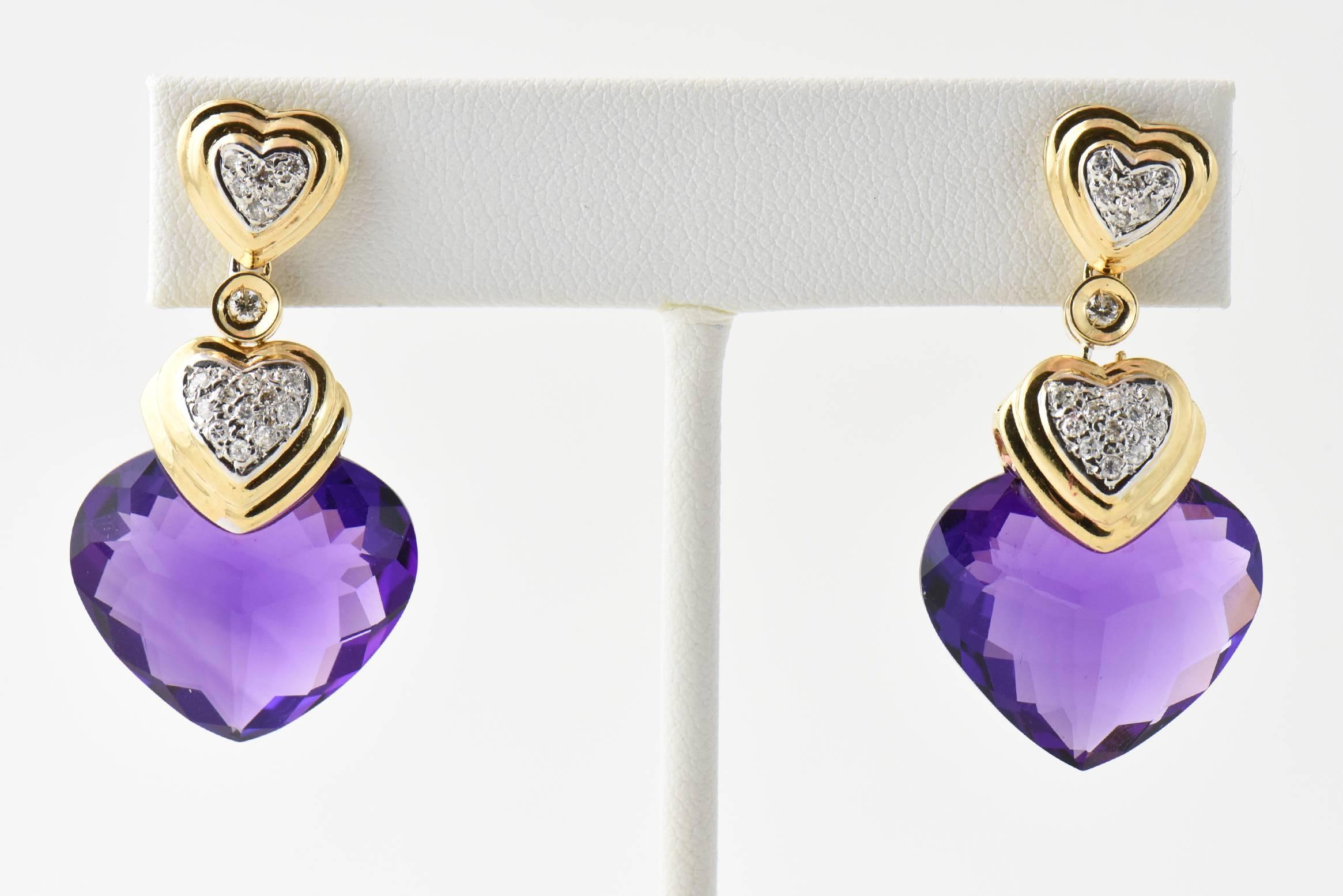 Amethyst Diamond Gold Drop Earrings and Matching Pendant Suite For Sale 3