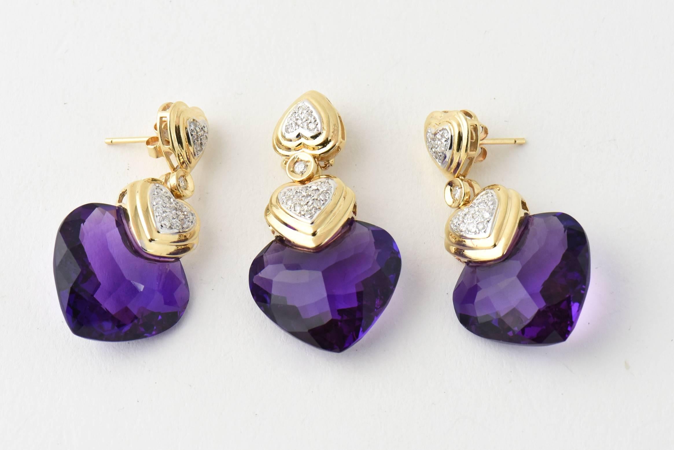 Amethyst Diamond Gold Drop Earrings and Matching Pendant Suite For Sale 1