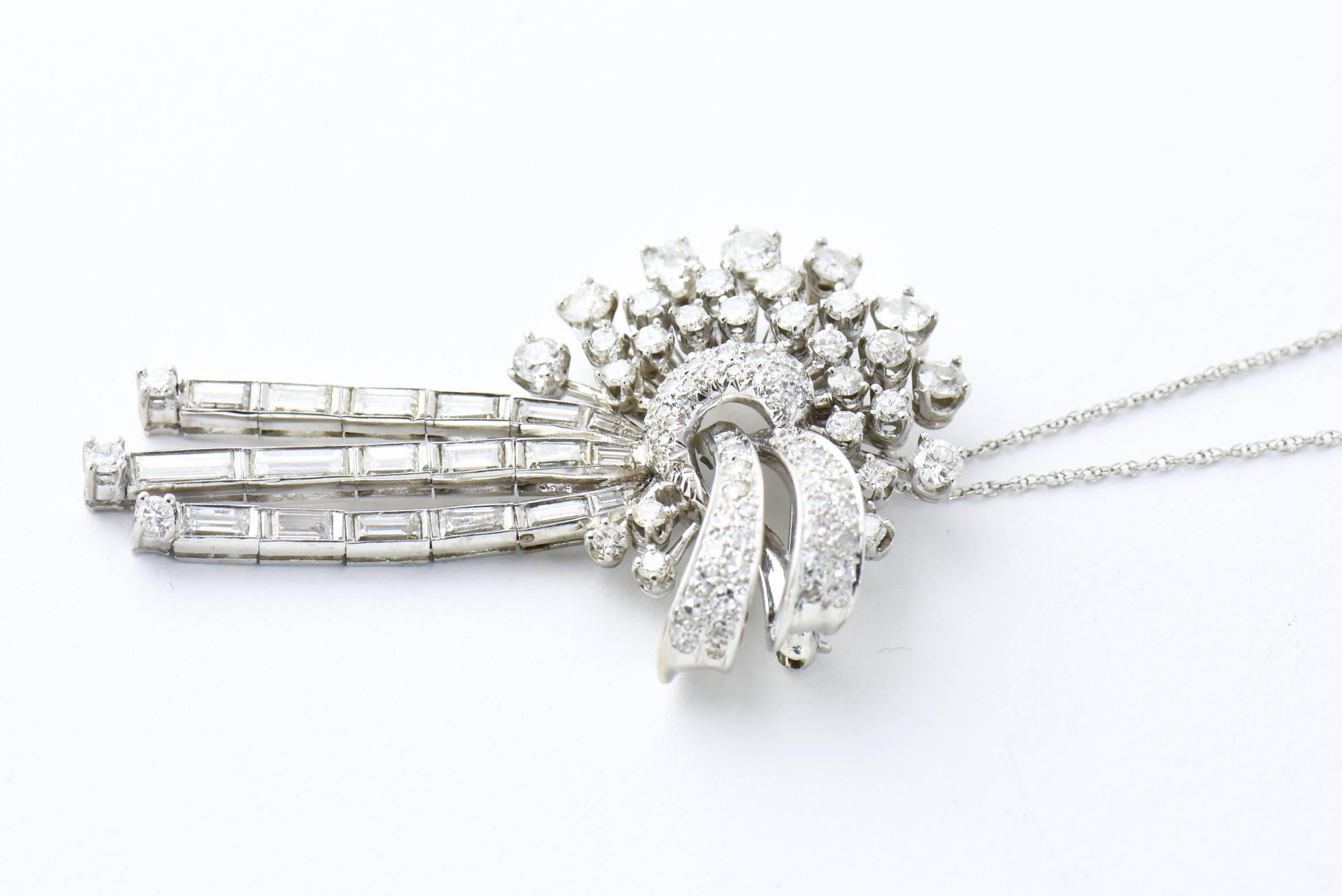 Mid-Century Diamond Bow Spray White Gold Brooch Pendant For Sale 2