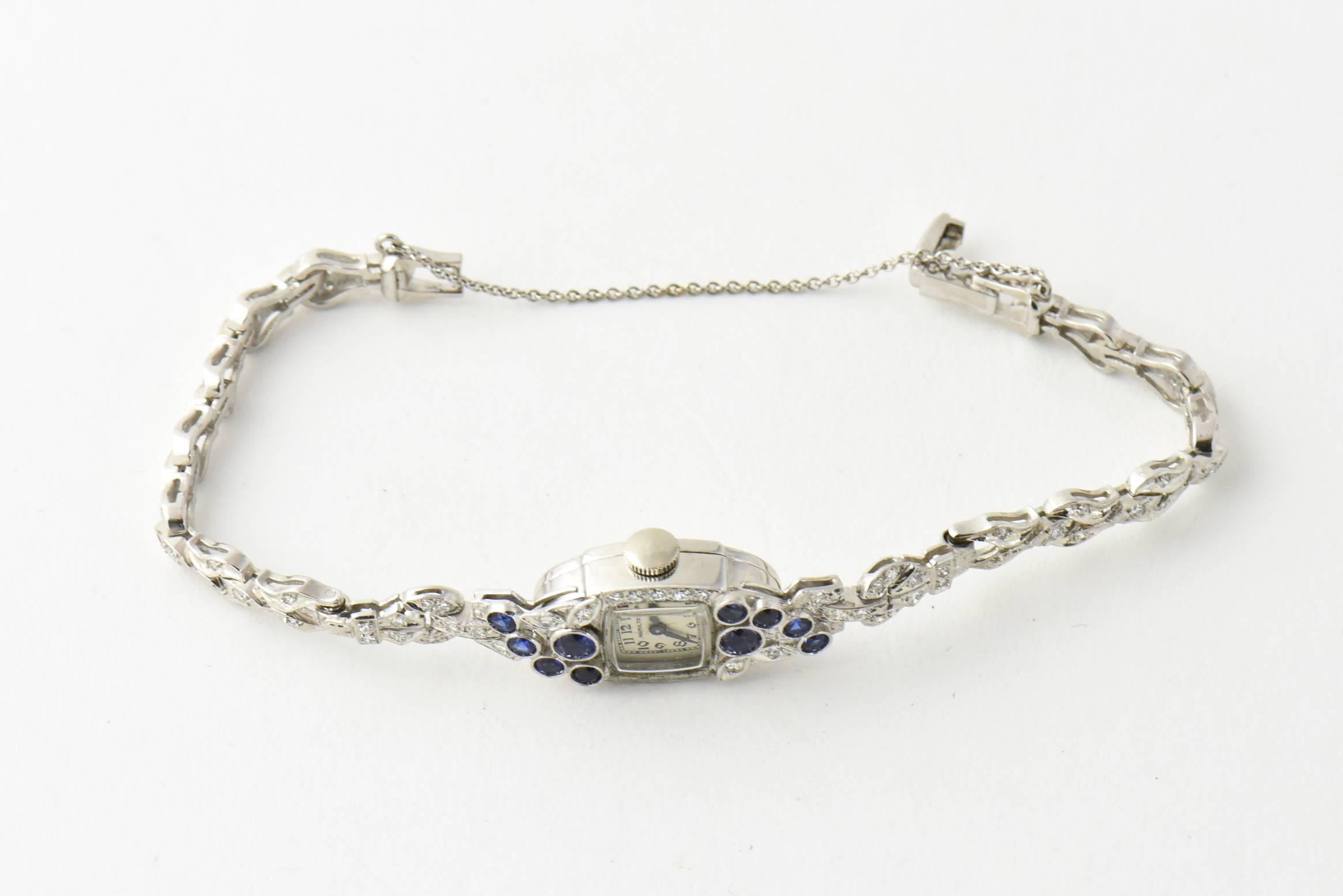 Art Deco Hamilton Ladies Platinum Diamond Synthetic Sapphire Dress Wristwatch