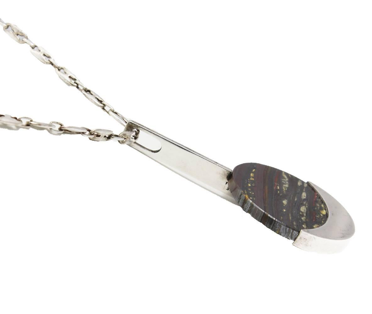 1960s Danish sterling silver necklace with sterling silver and agate pendant made by designer Uwe Helmuth Moltke. Chain, 23"L; pendant, 1.6"L x 3"H.