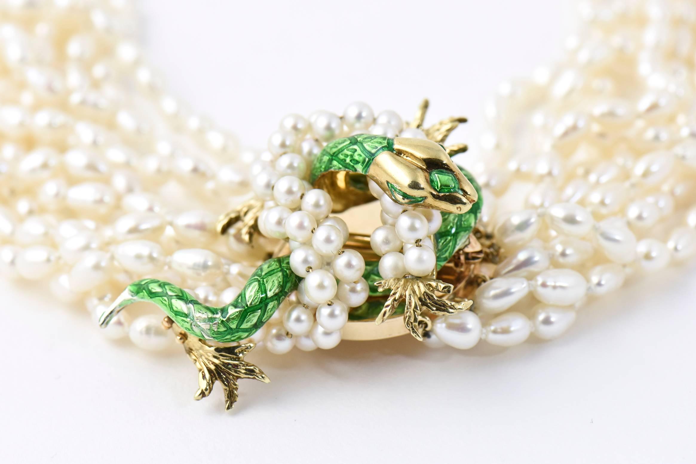 Enamel and Pearl Gold Snake Detachable Brooch on Ten Strand Pearl Necklace In Good Condition In Miami Beach, FL