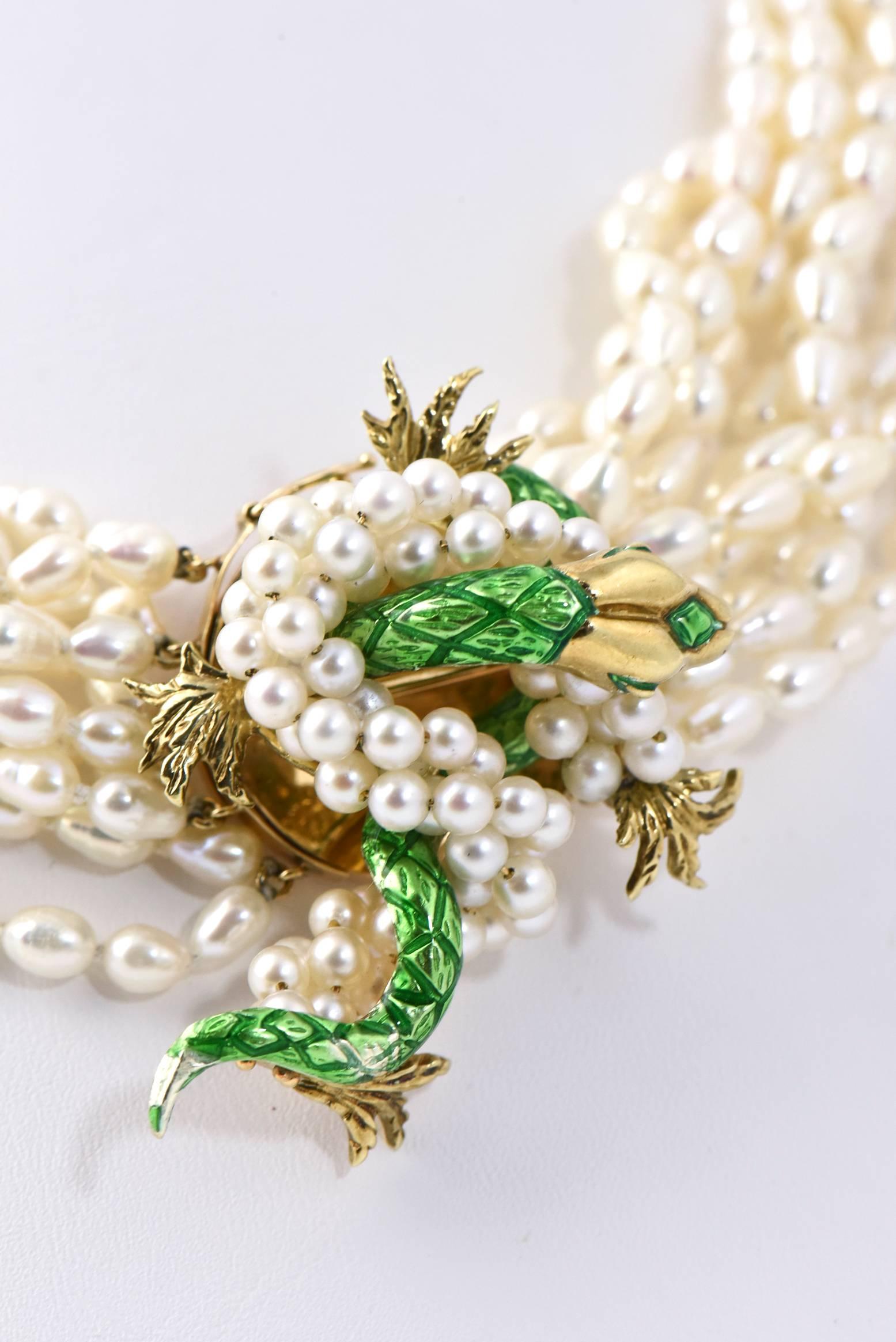 Enamel and Pearl Gold Snake Detachable Brooch on Ten Strand Pearl Necklace 1