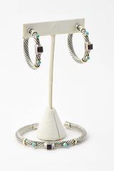 David Yurman Turquoise and Garnet Silver Renaissance Earrings and Bracelet Set