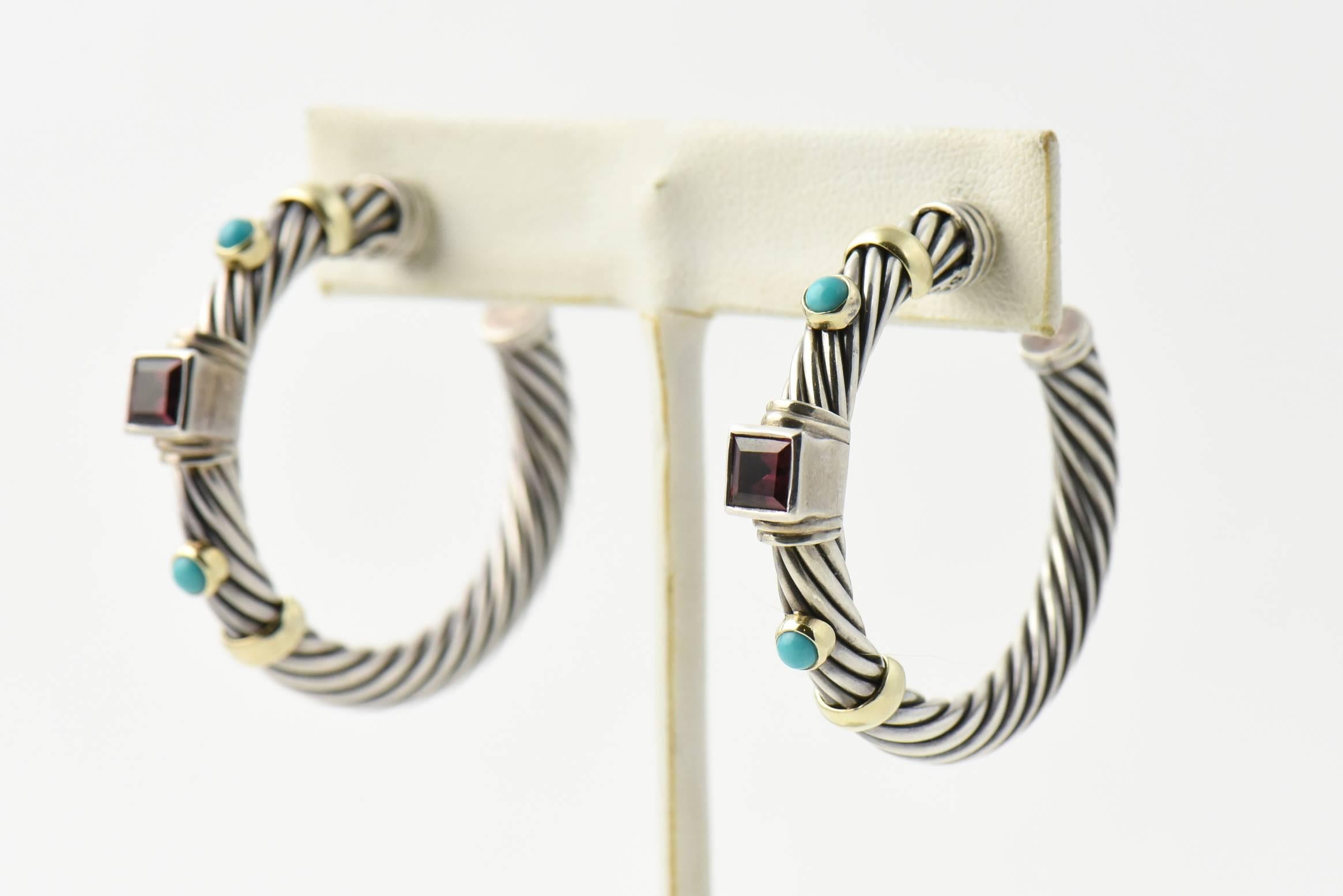 David Yurman Turquoise and Garnet Silver Renaissance Earrings and Bracelet Set 3