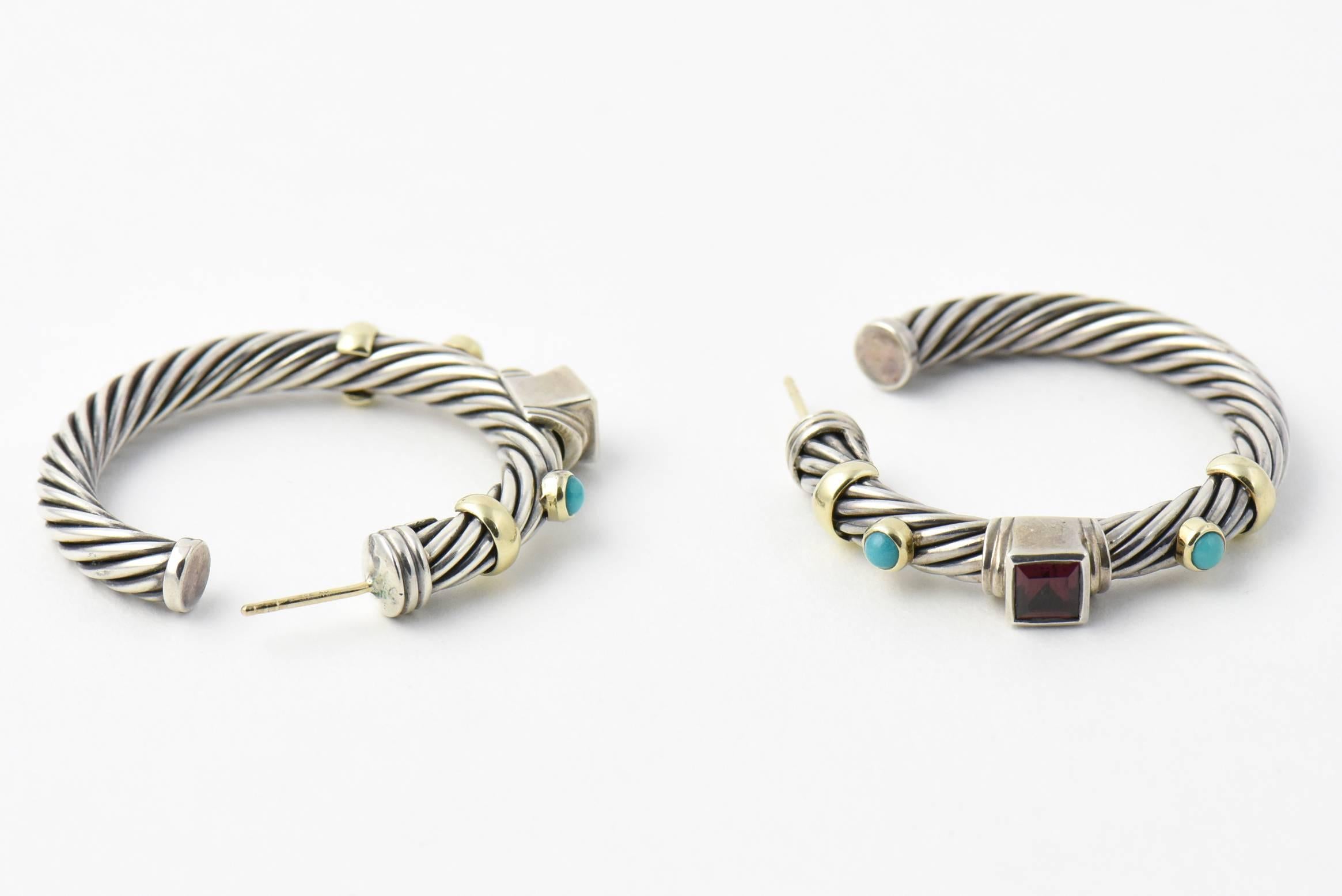 David Yurman Turquoise and Garnet Silver Renaissance Earrings and Bracelet Set 4