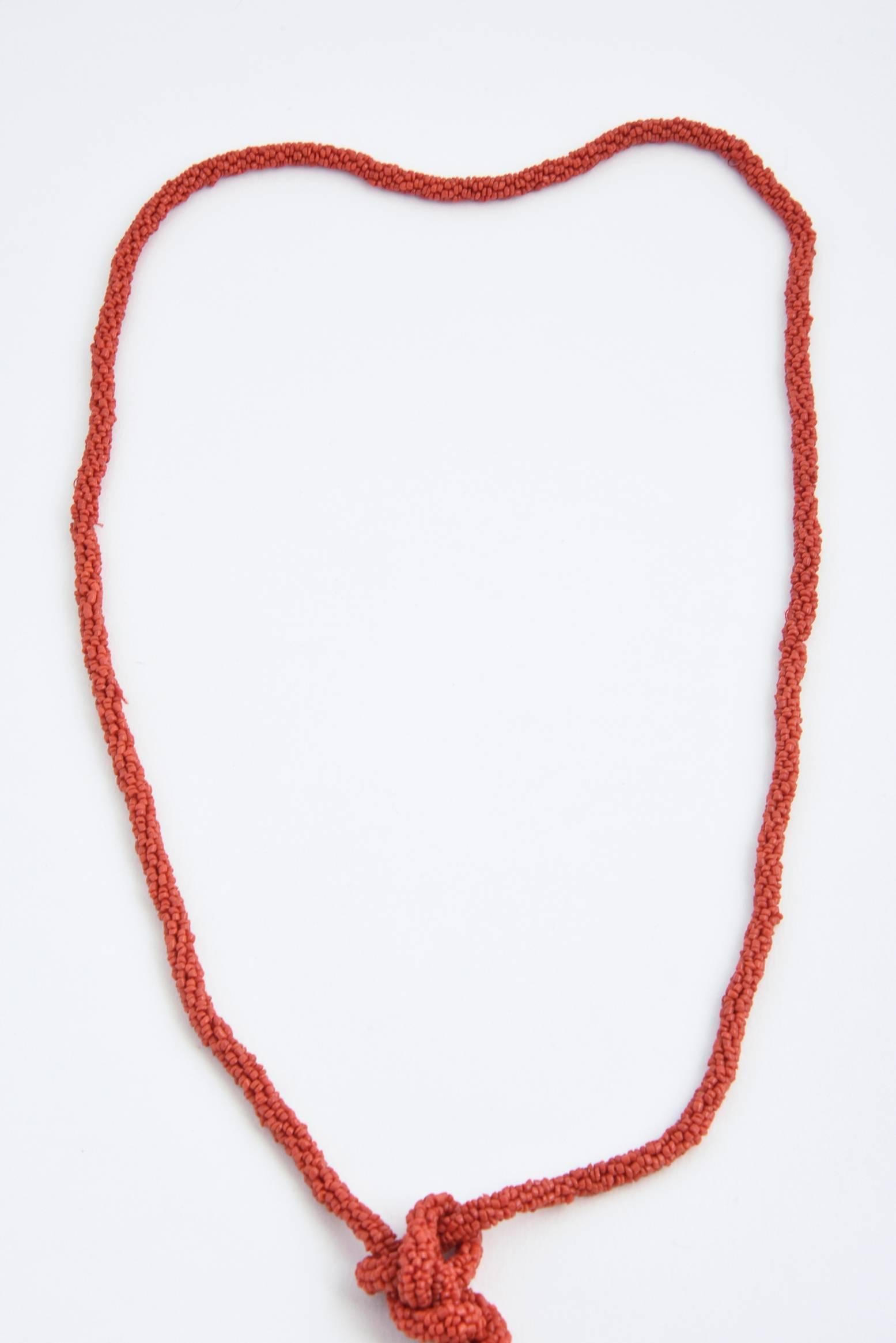 Long Woven Red Coral Tassel Necklace In Excellent Condition In Miami Beach, FL