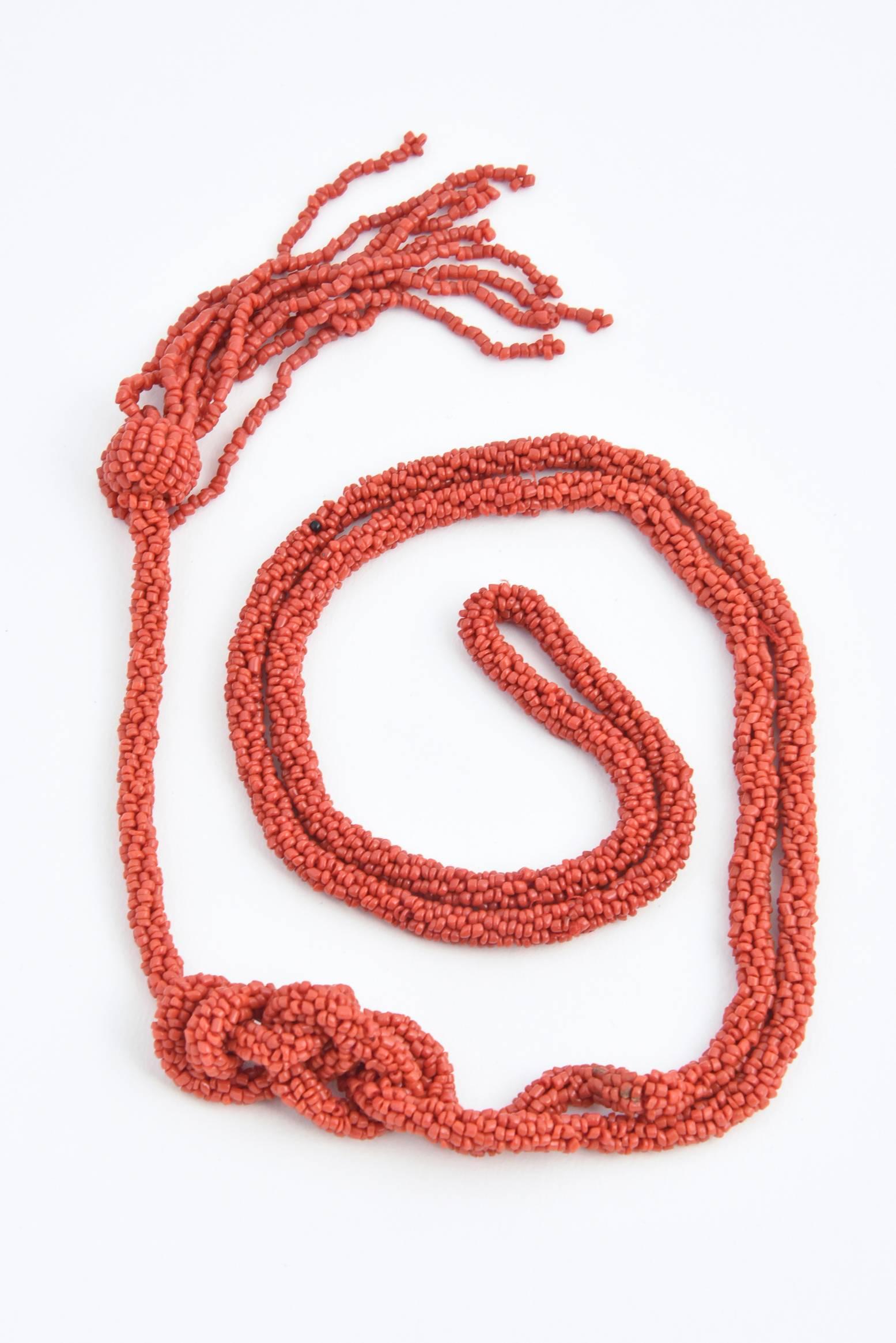 Long Woven Red Coral Tassel Necklace 3
