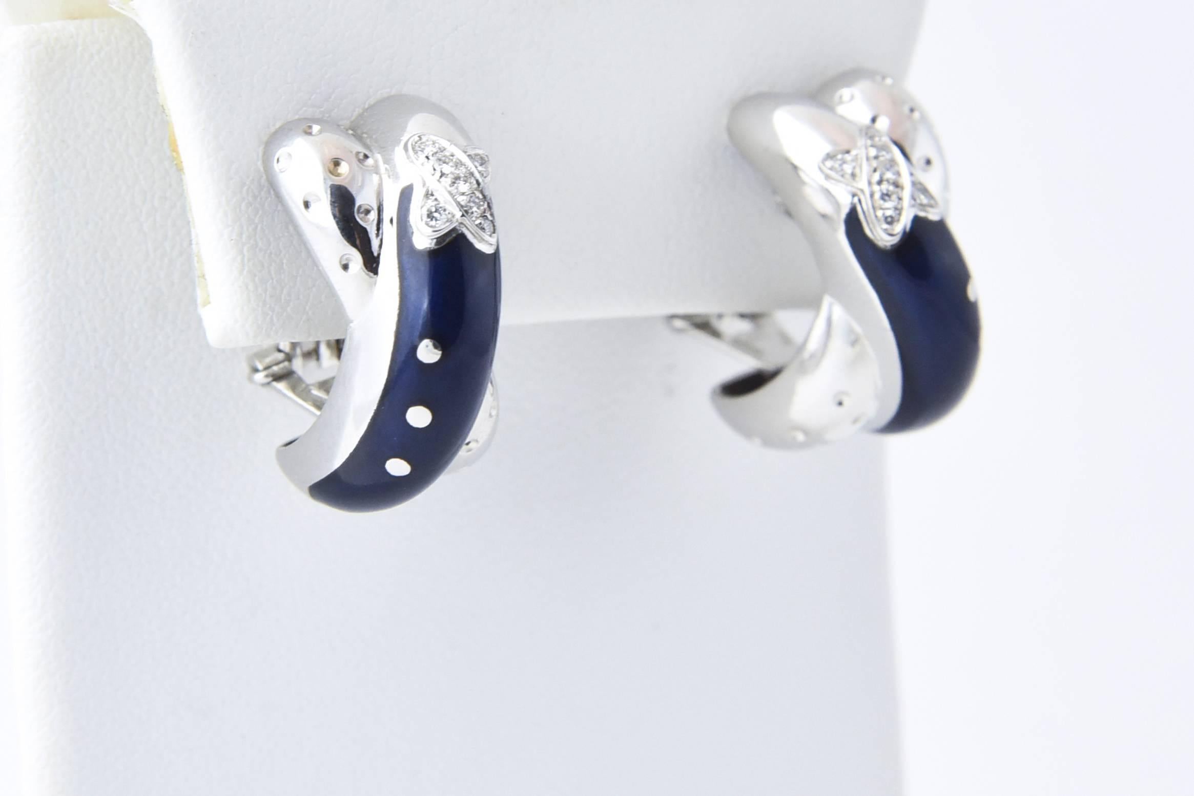 Nouvelle Bague Navy Enamel and Diamond White Gold Earrings 2