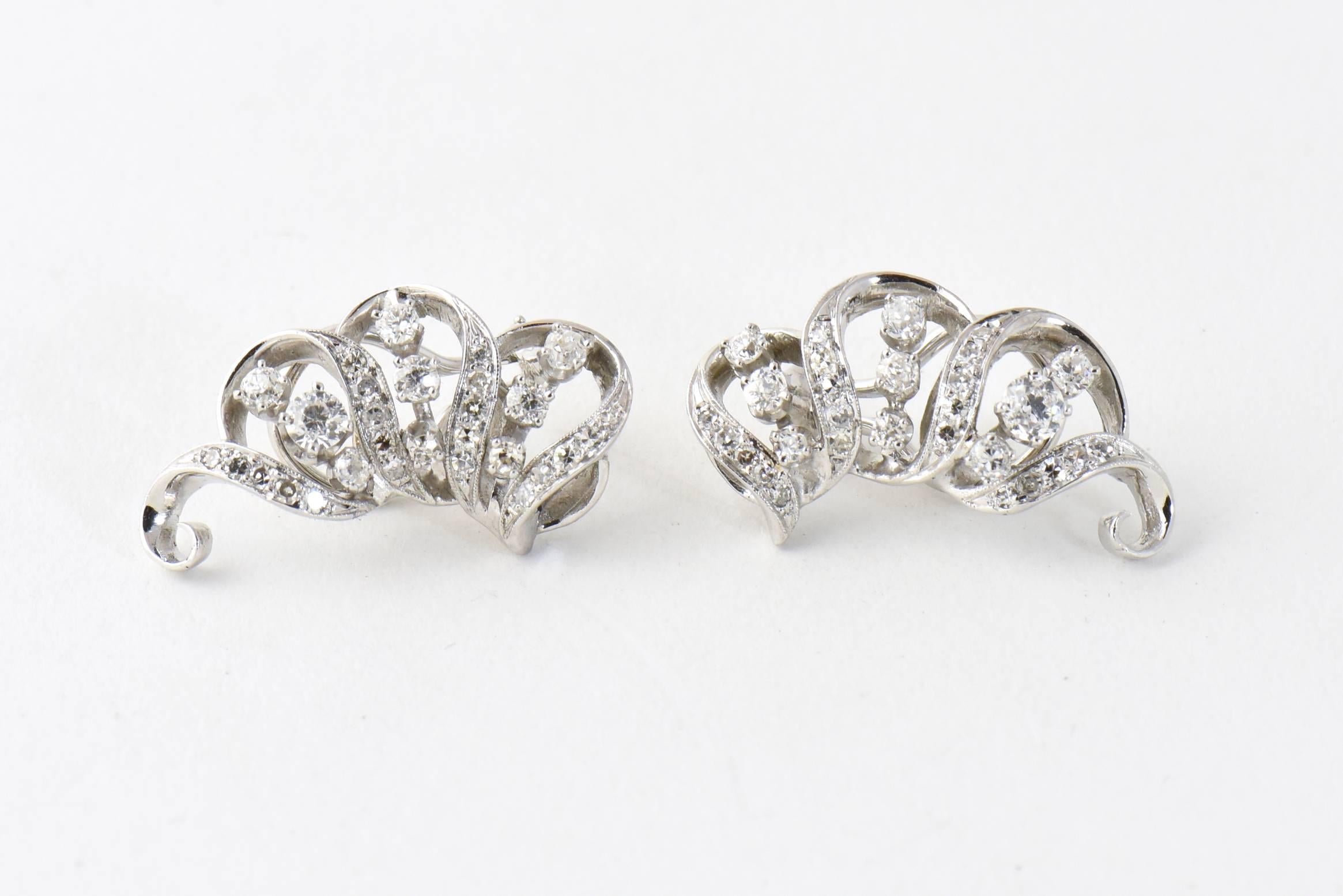 1950s Diamond Ribbon Swirl Platinum Cocktail Earrings For Sale at 1stDibs