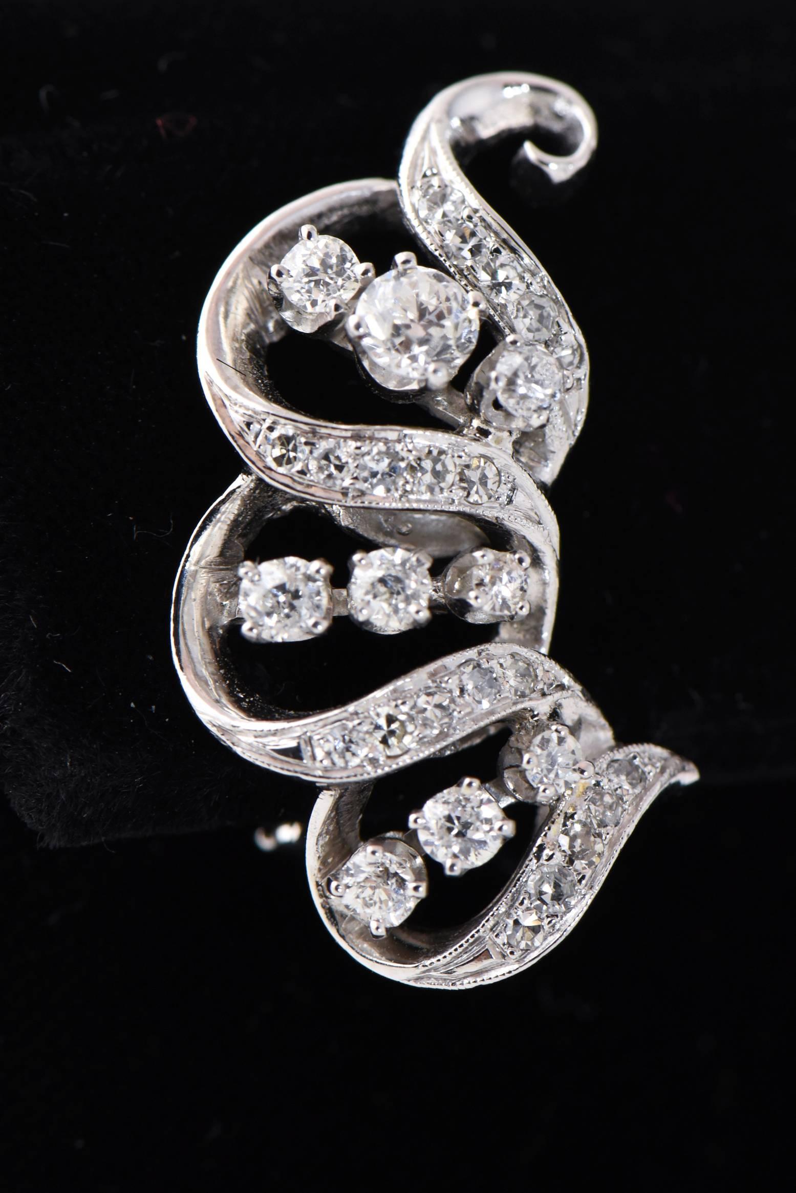 1950s Diamond Ribbon Swirl Platinum Cocktail Earrings For Sale 2
