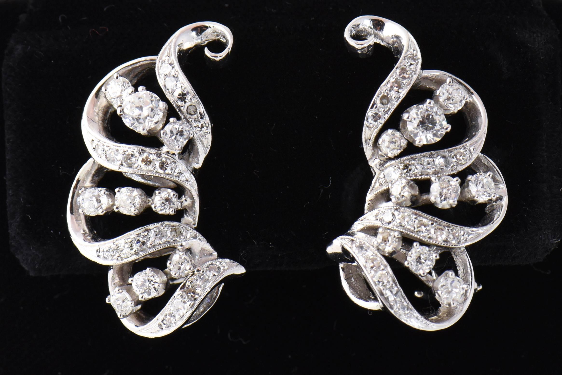 1950s Diamond Ribbon Swirl Platinum Cocktail Earrings For Sale 3