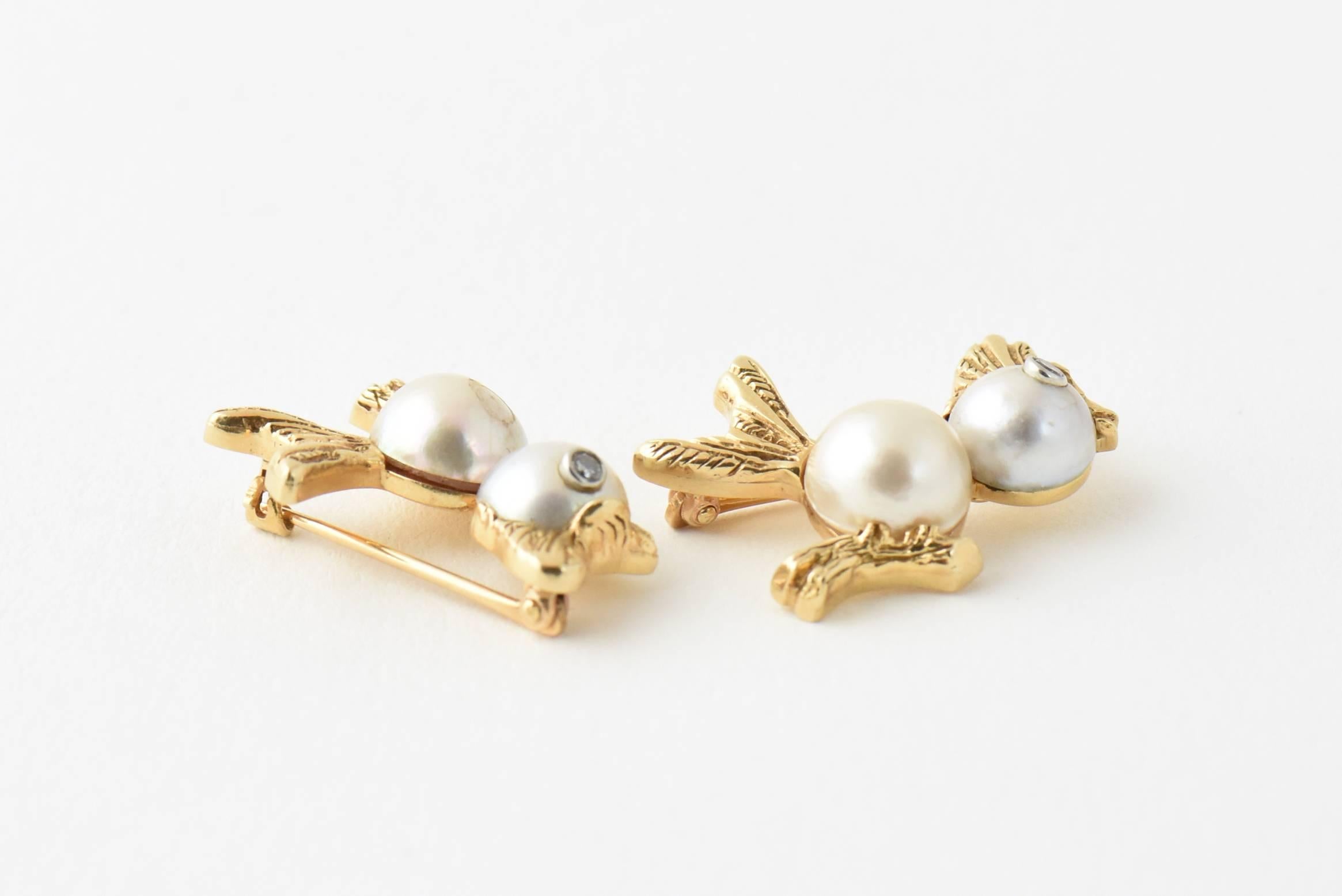 Ruser Pearl Diamond Gold Bird Brooches For Sale 2