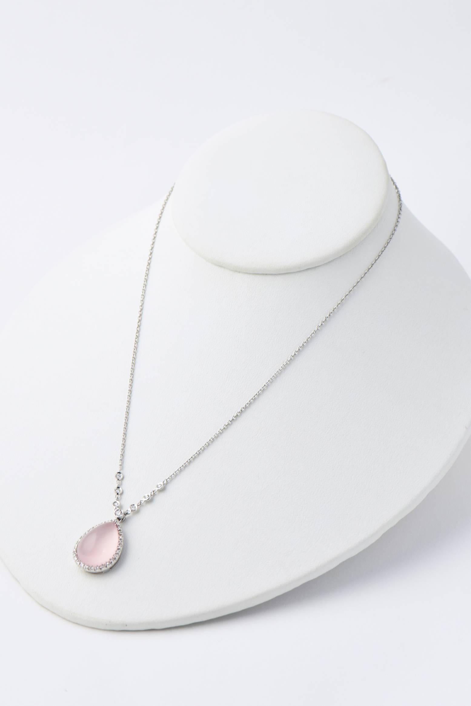 Favero Rose Quartz and Diamond Drop Gold Teardrop Necklace In Excellent Condition In Miami Beach, FL