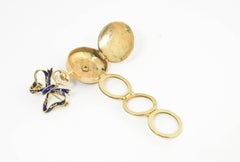 Victorian Revival Watch Theme Blue Enamel and Gold Locket with Bow Brooch