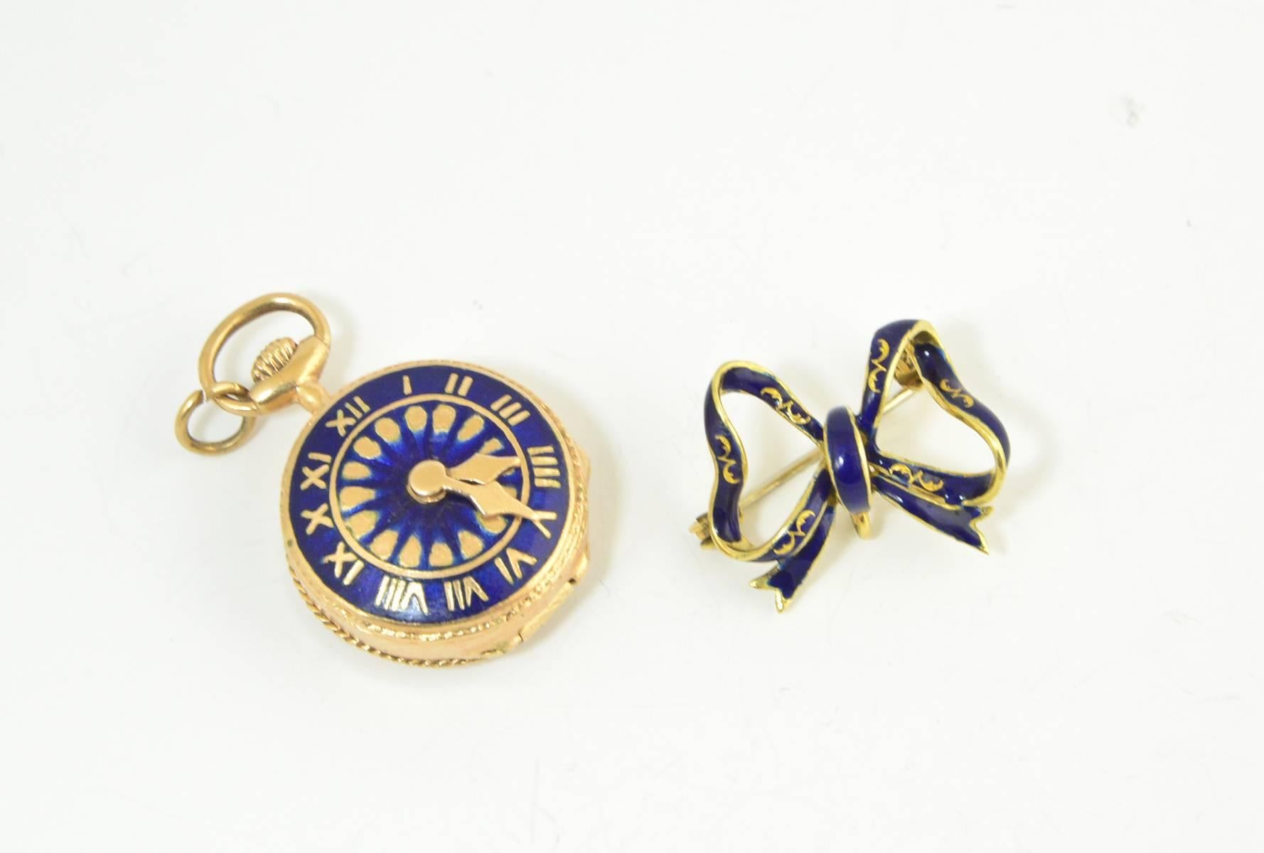 Women's or Men's Victorian Revival Watch Theme Blue Enamel and Gold Locket with Bow Brooch