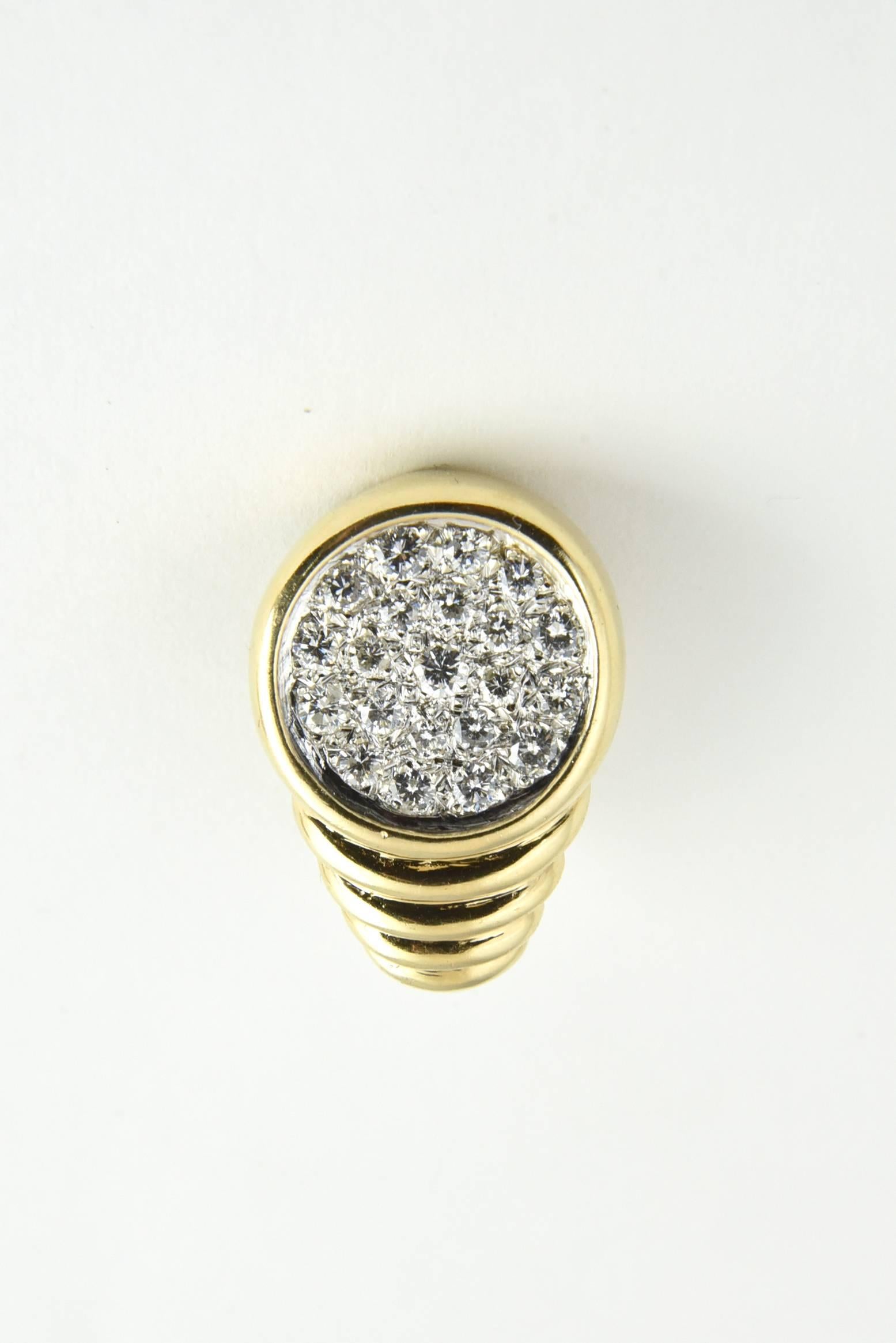 1970s Pave Diamond Ribbed Gold Clip Earrings For Sale 1