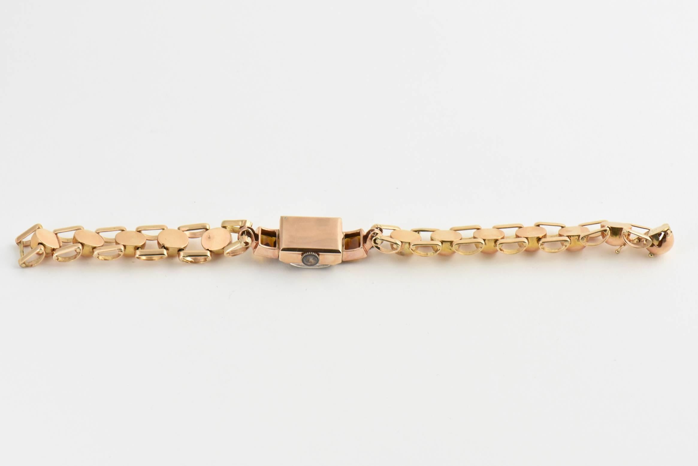 Round Cut Retro Ladies Rose Gold Diamond Citrine Wristwatch, Circa 1940s