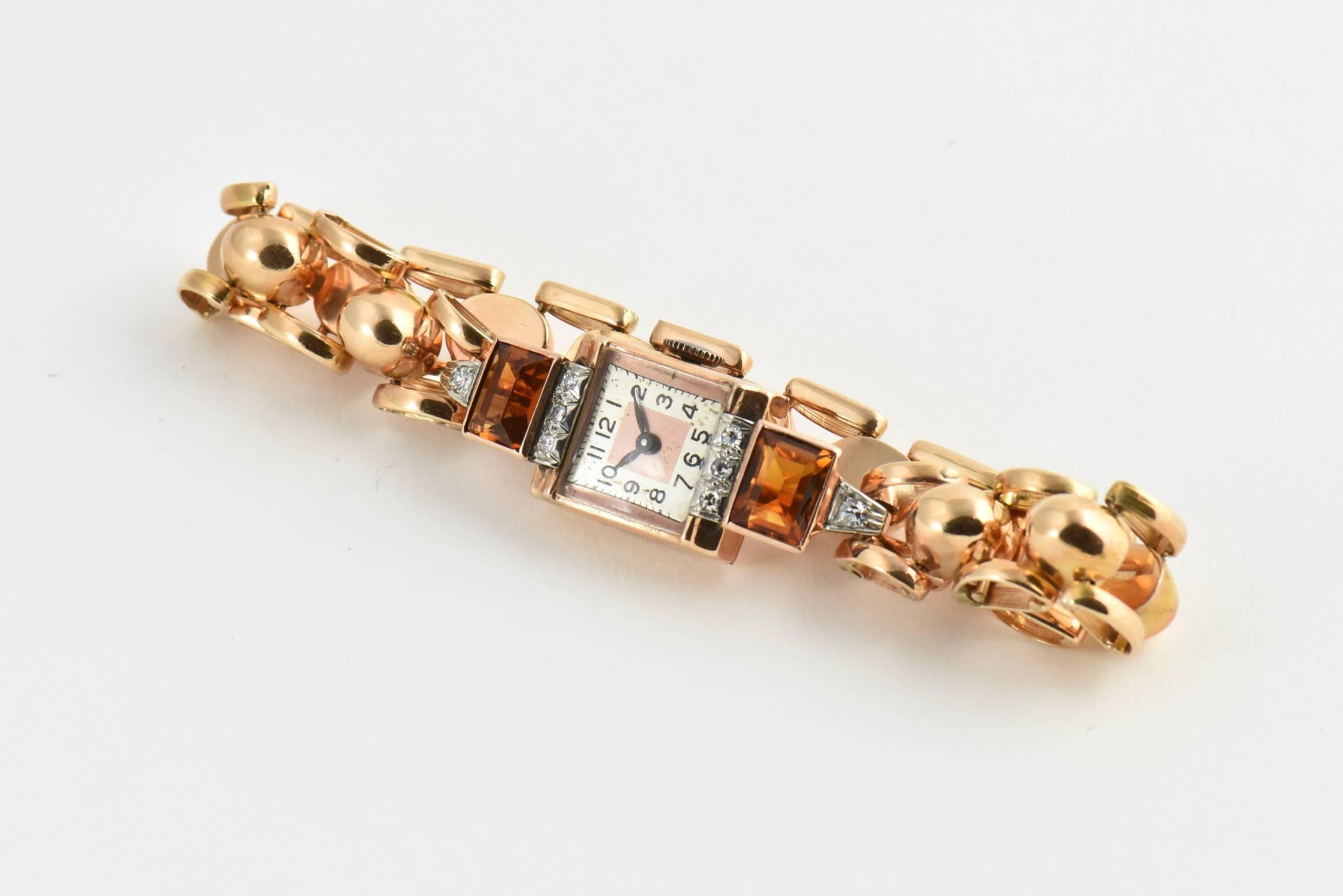 Women's Retro Ladies Rose Gold Diamond Citrine Wristwatch, Circa 1940s