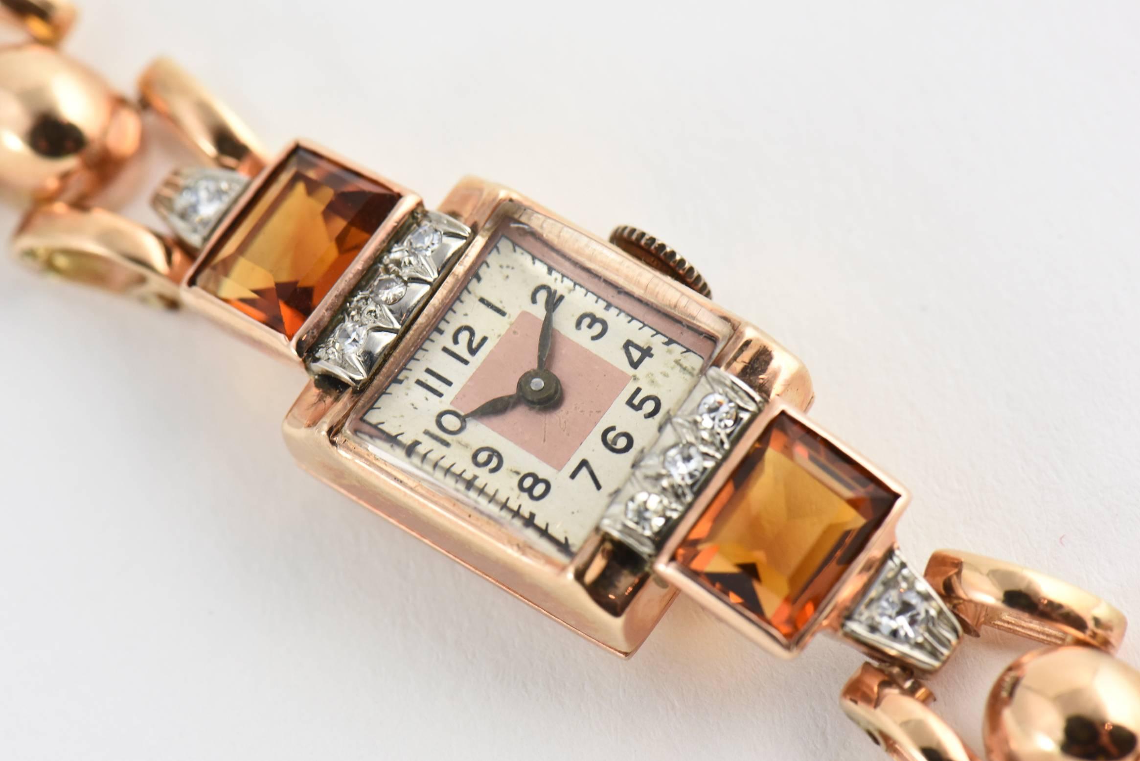 Retro Ladies Rose Gold Diamond Citrine Wristwatch, Circa 1940s 2