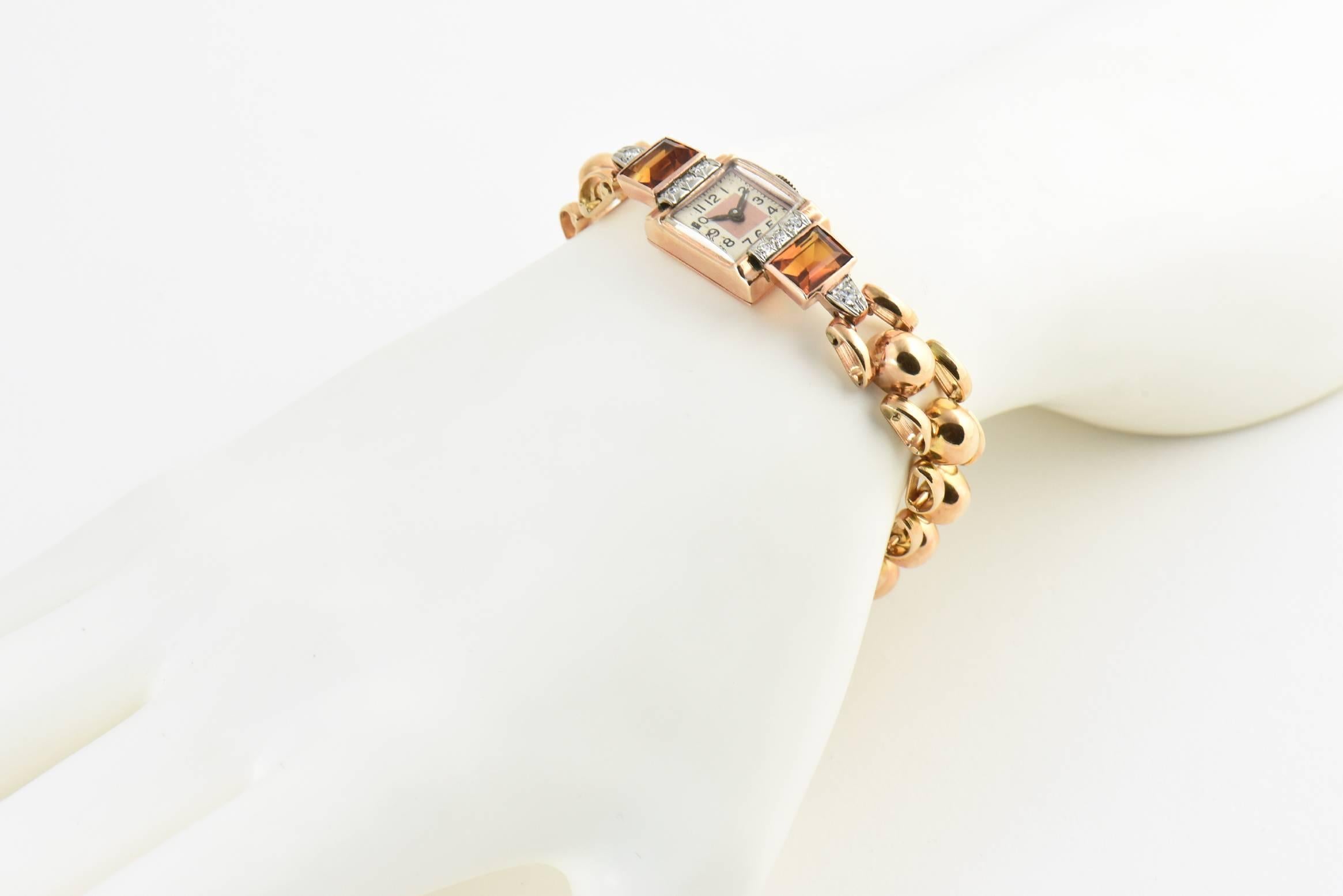 Retro Ladies Rose Gold Diamond Citrine Wristwatch, Circa 1940s 3