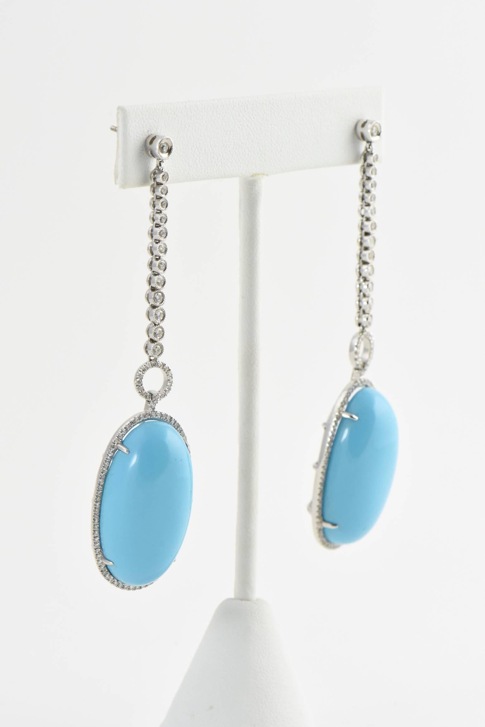 Turquoise Diamond White Gold Drop Cocktail Earrings In Excellent Condition In Miami Beach, FL