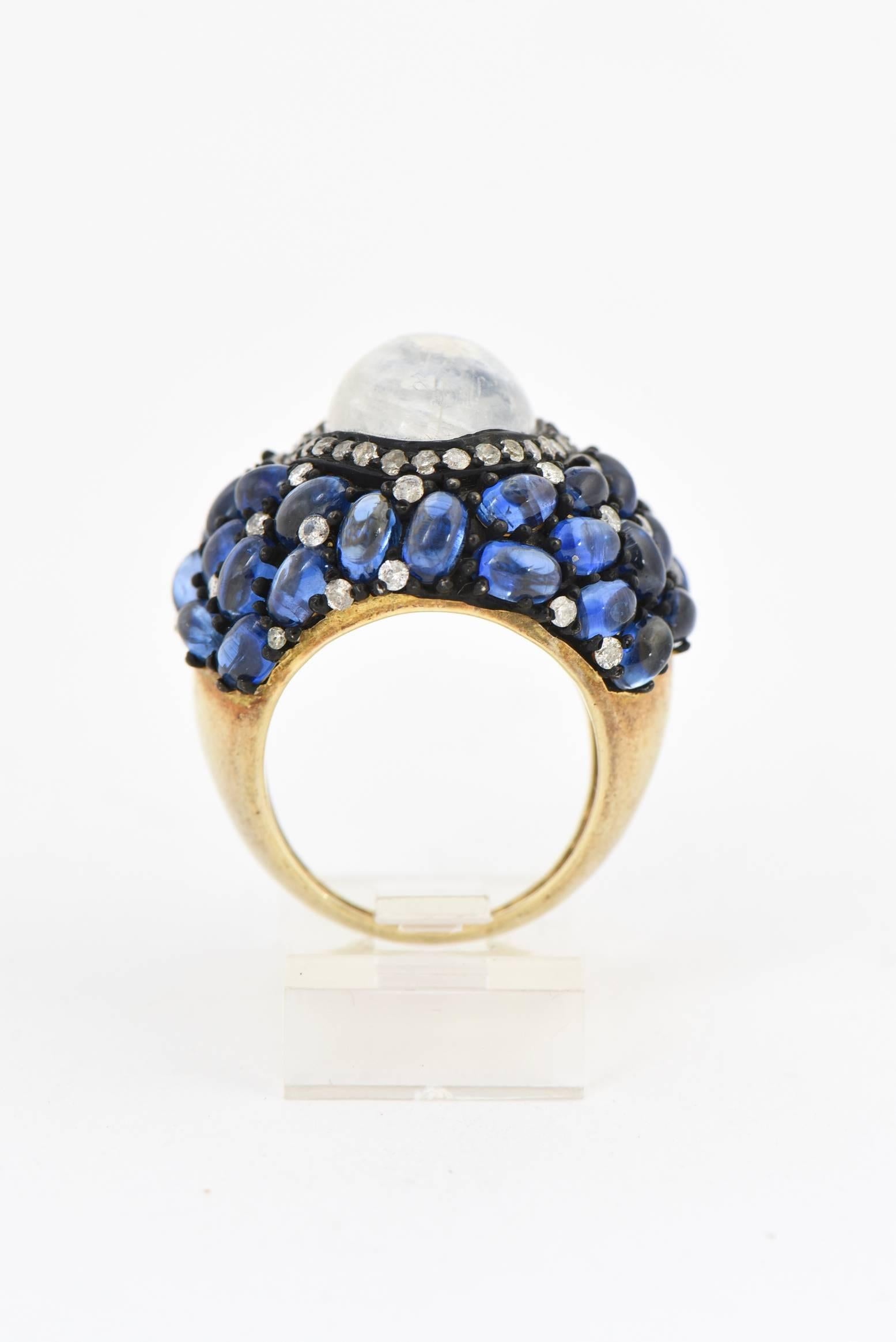 Women's or Men's Moonstone, Kyanite and Diamond Cocktail Ring For Sale