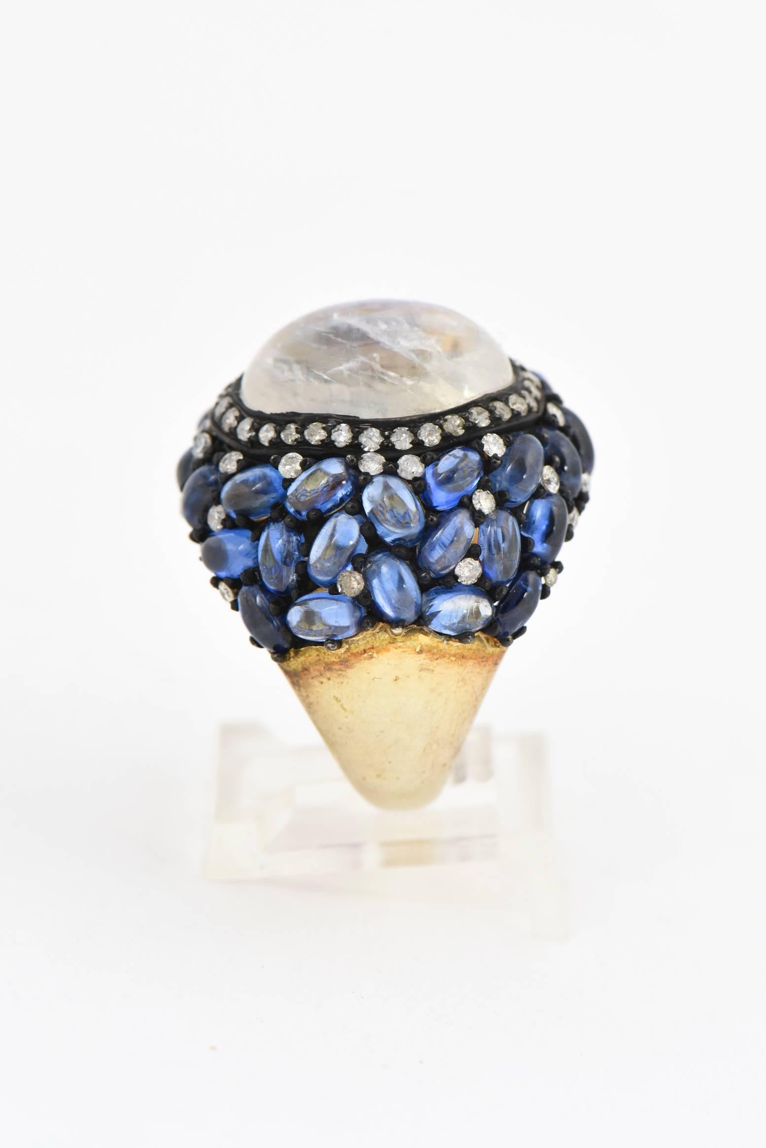 Cabochon Moonstone, Kyanite and Diamond Cocktail Ring For Sale