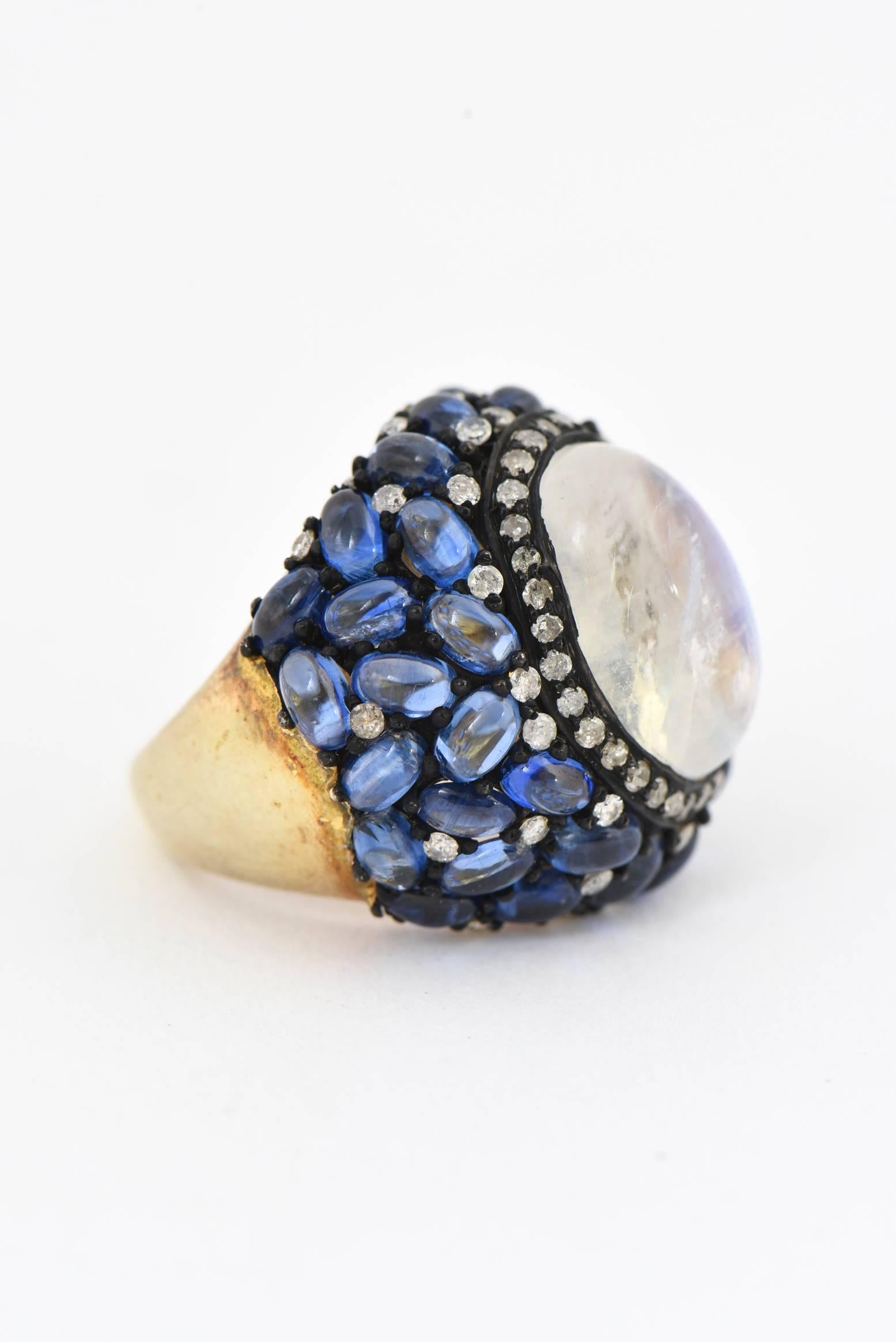 Moonstone, Kyanite and Diamond Cocktail Ring For Sale 1
